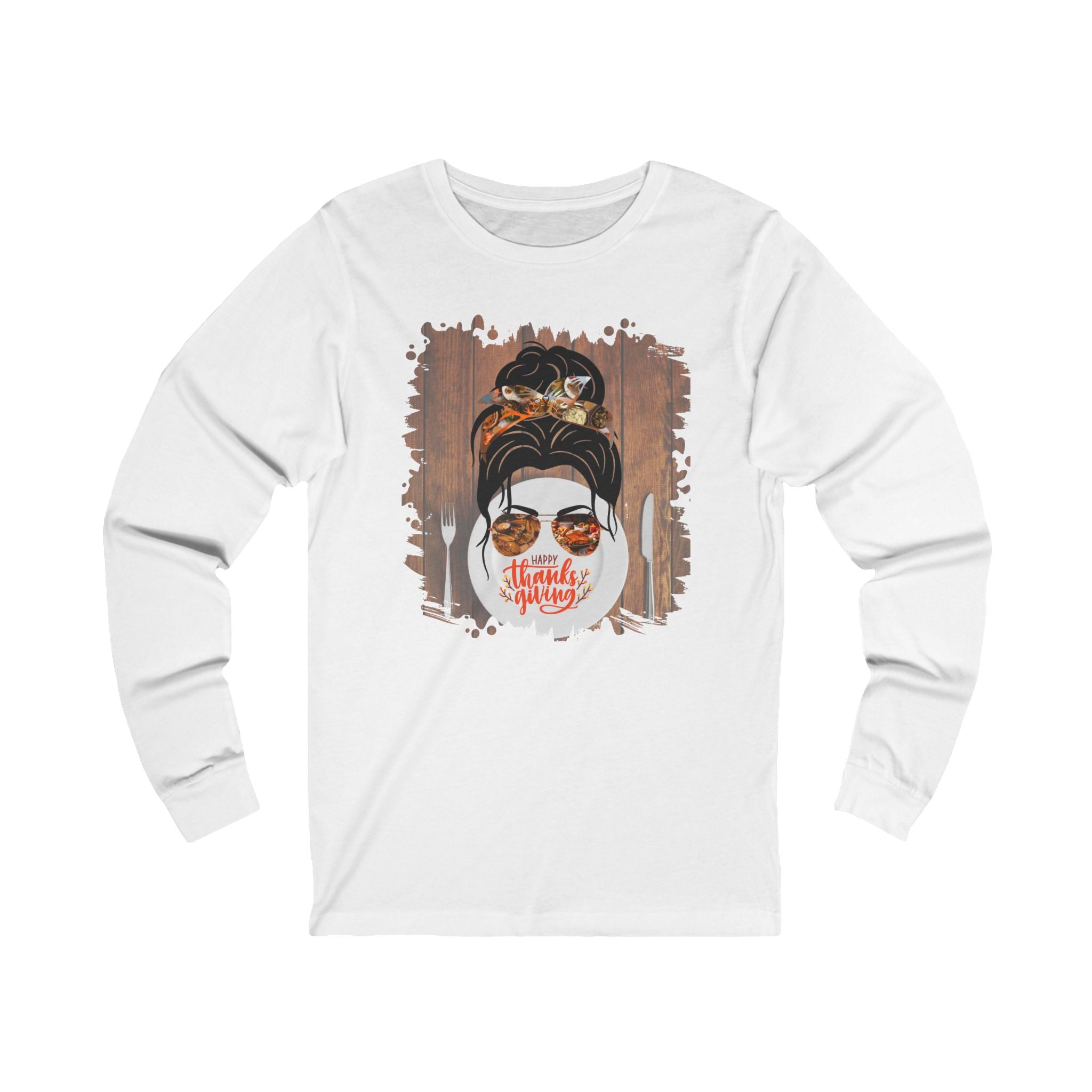 Happy Thanksgiving Plate Setting, Dark Hair Messy Bun, Unisex Jersey Long Sleeve Tee