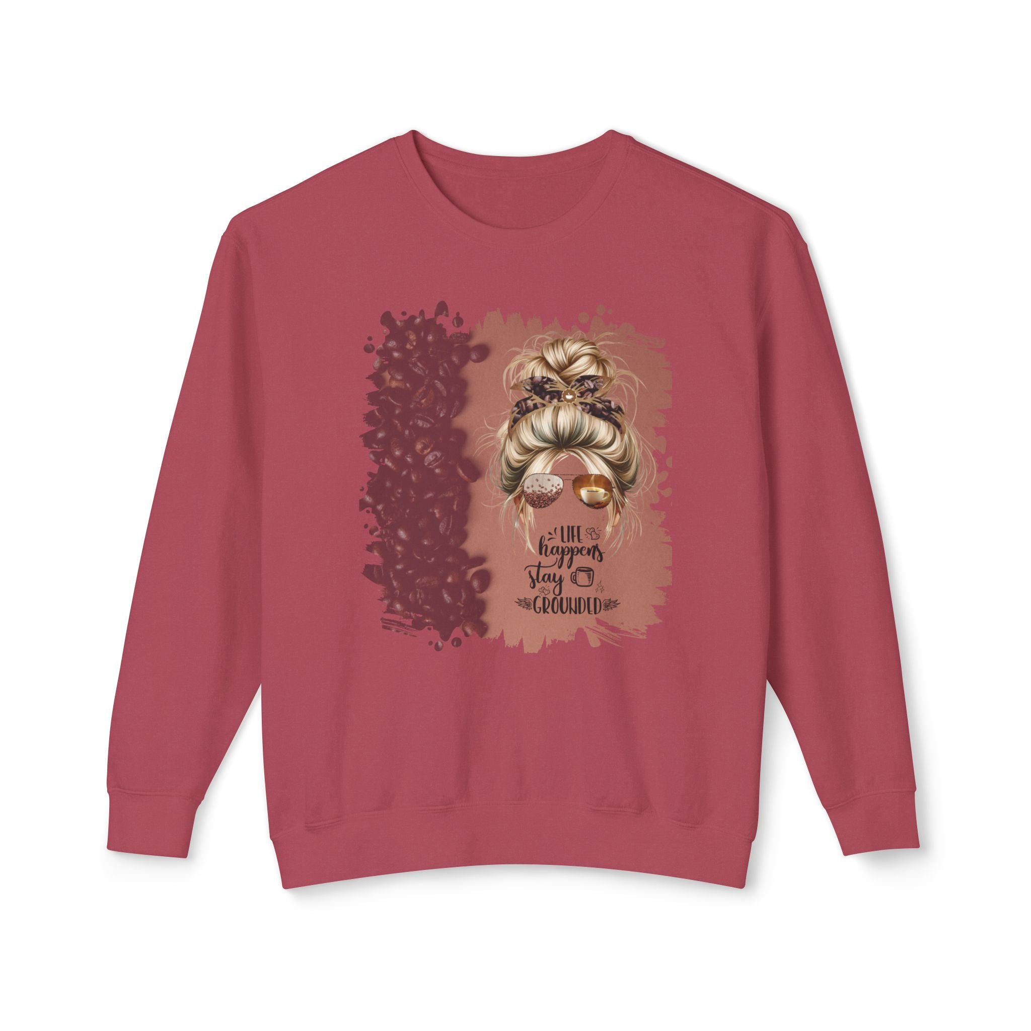 Stay Grounded, Coffee Beans Shade, Blond Hair Messy Bun, Unisex Lightweight Crewneck Sweatshirt