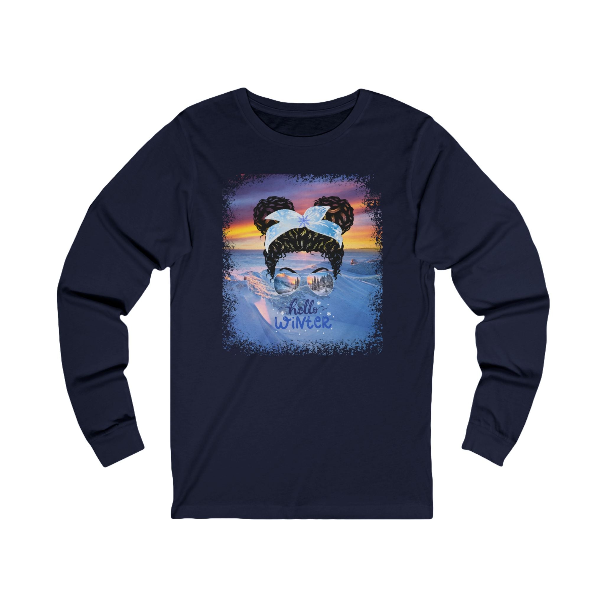 Hello Winter, Winter Mountain, Black Hair Messy Bun, Unisex Jersey Long Sleeve Tee