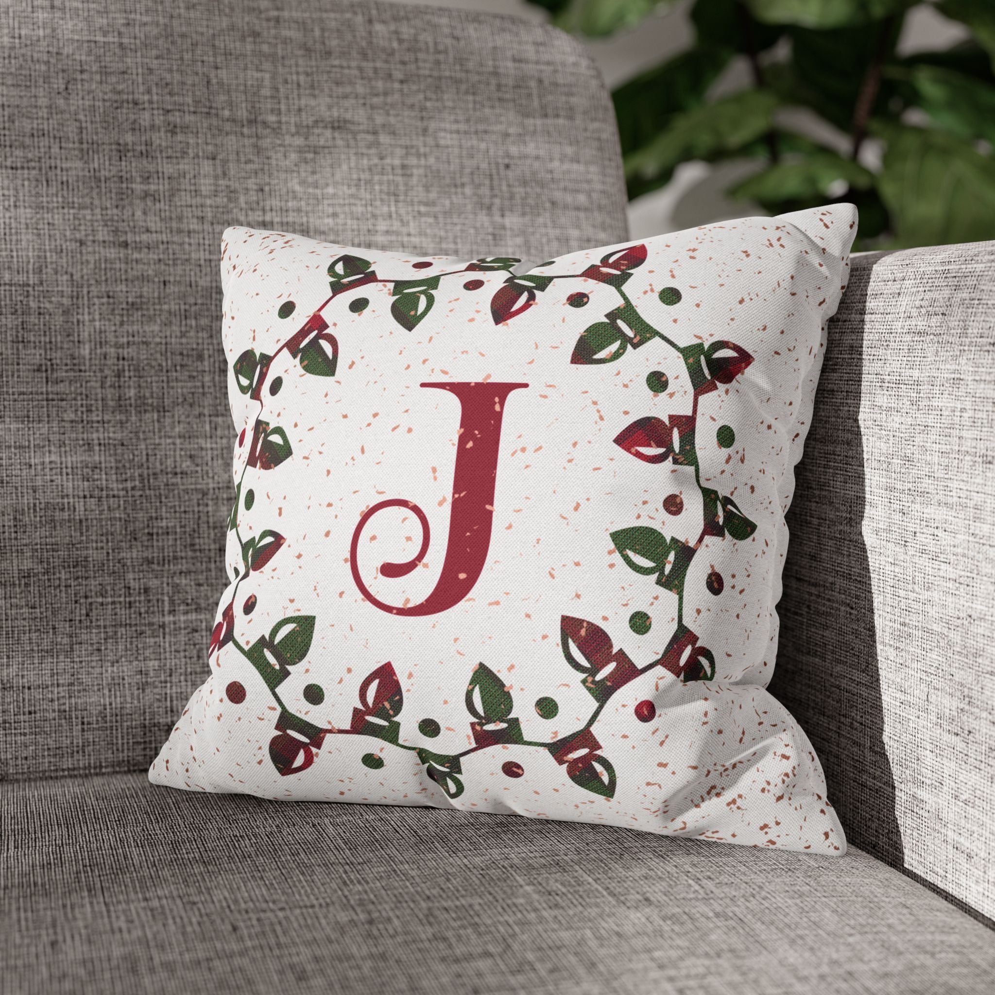 Monogram Christmas Lights, Personalized Monogram, Plaid Green, Throw Pillow Case