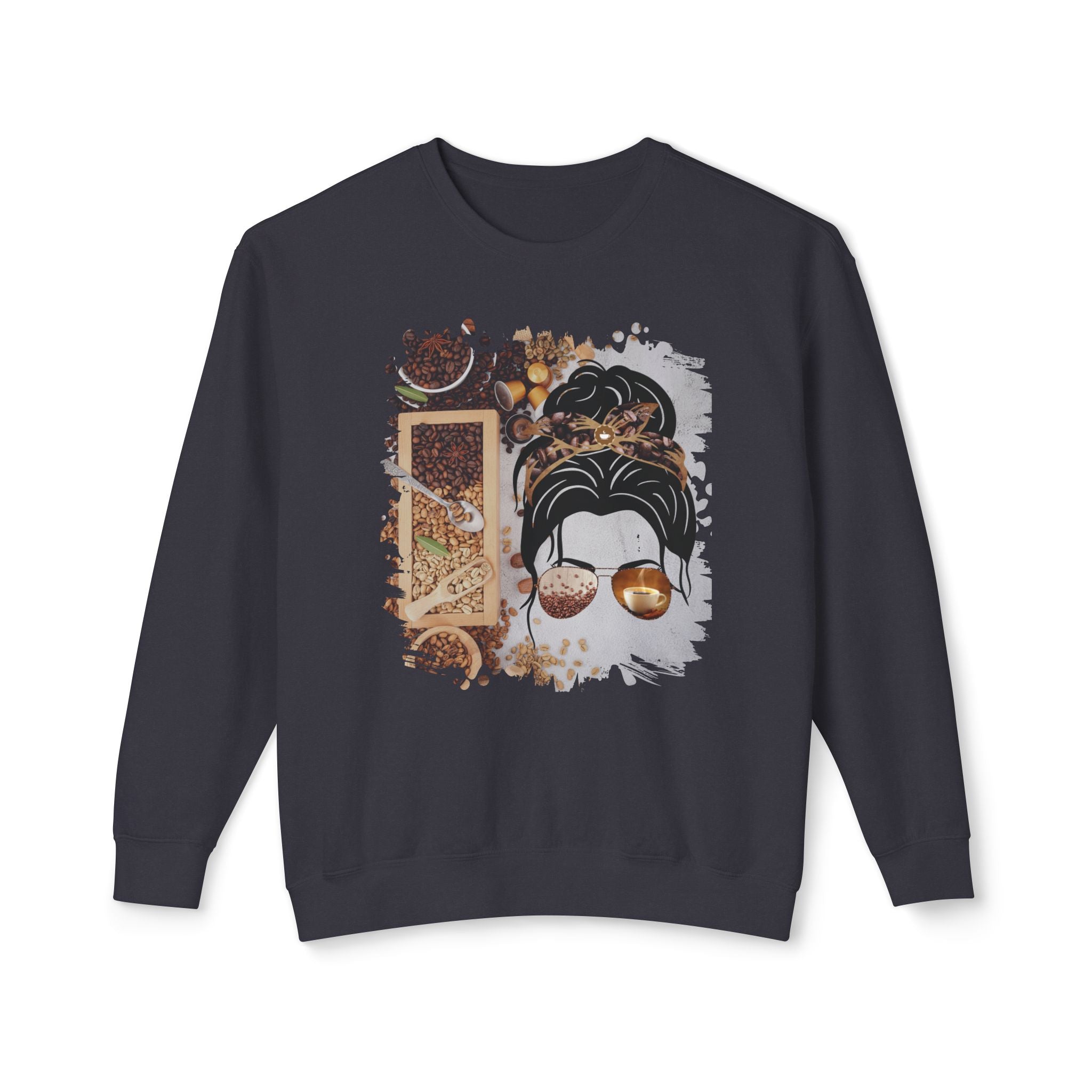 Coffee Beans Variety, Dark Hair Messy Bun, Unisex Lightweight Crewneck Sweatshirt