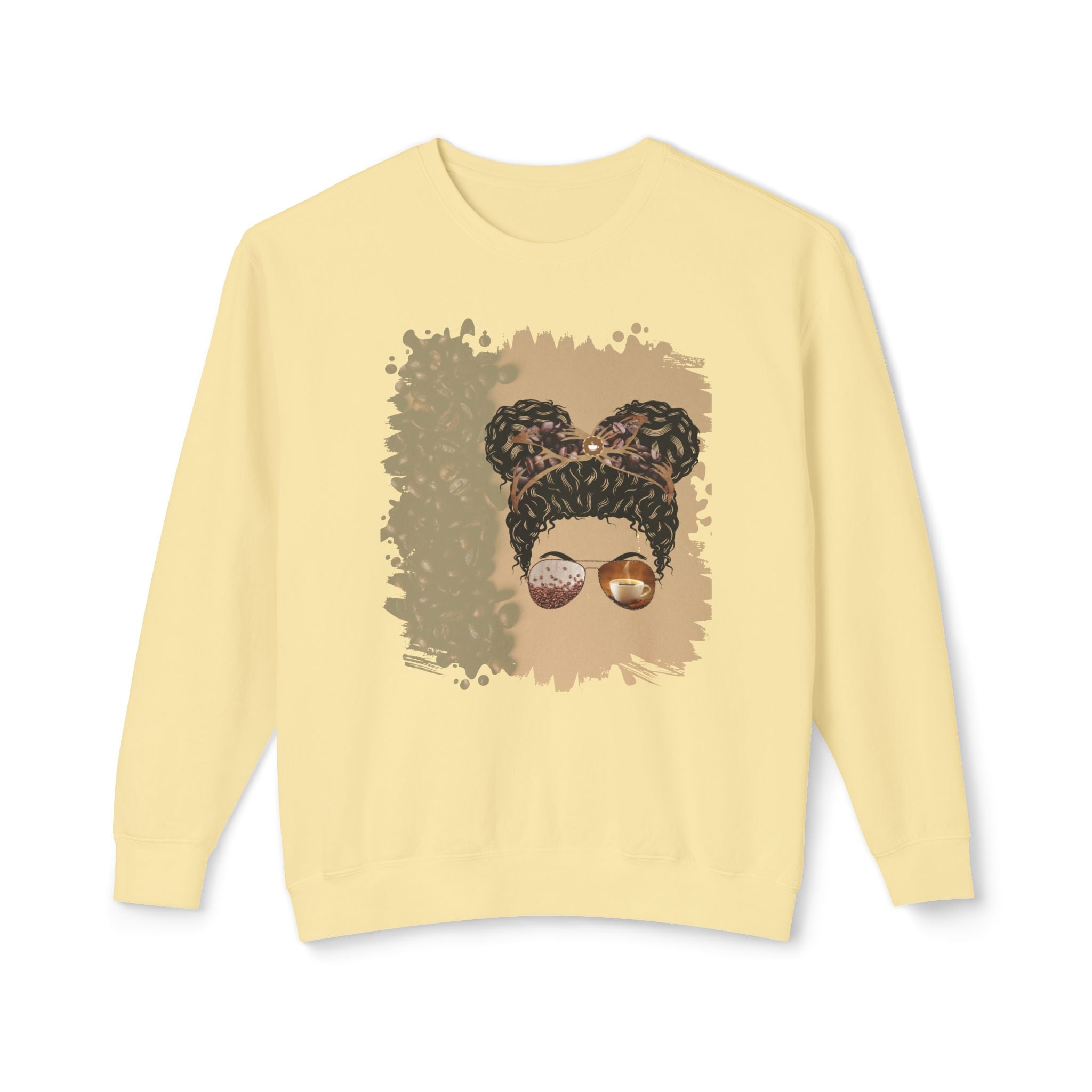 Coffee Beans Shade, Black Hair Messy Bun, Unisex Lightweight Crewneck Sweatshirt