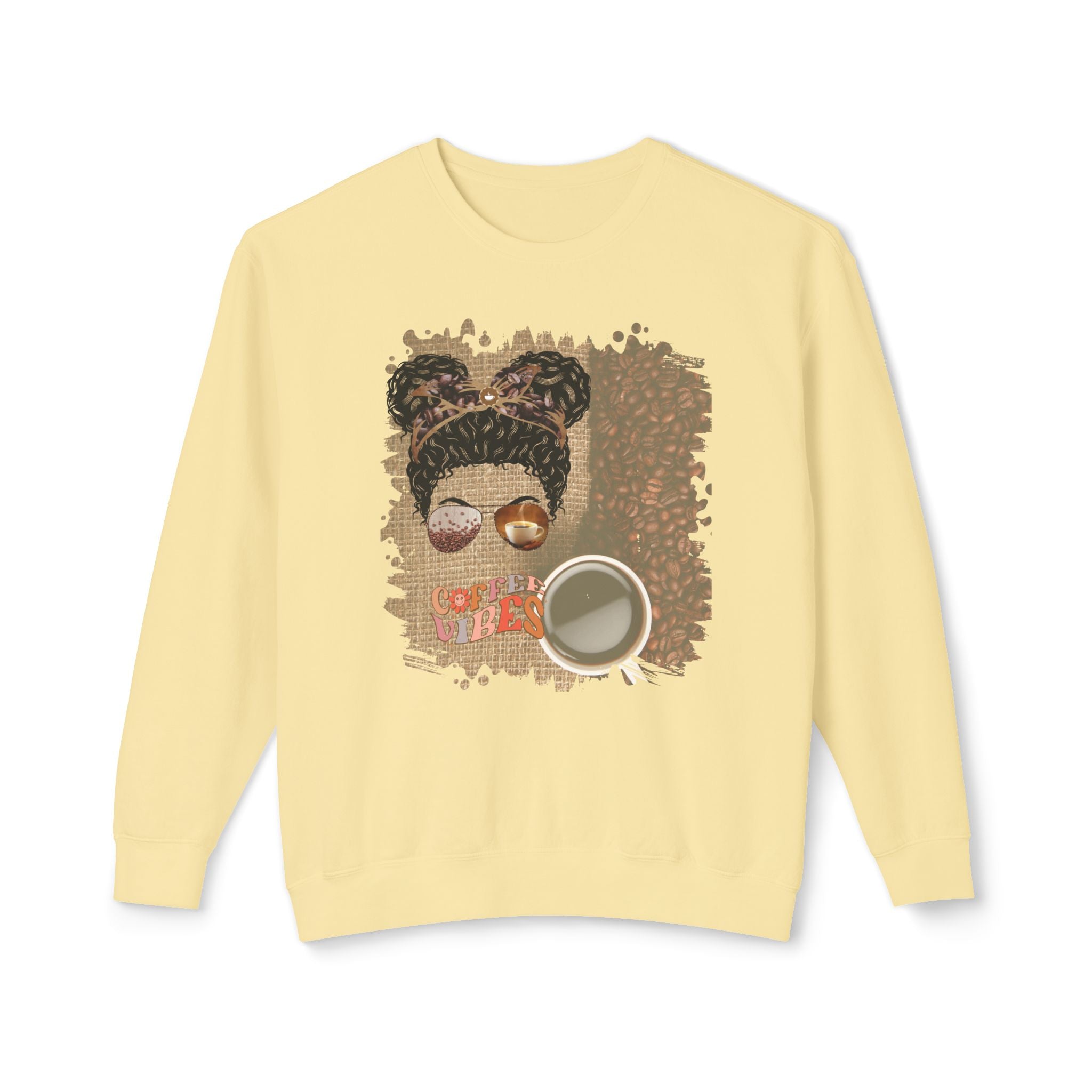 Coffee Vibes, Coffee Beans Bag, Black Hair Messy Bun, Unisex Lightweight Crewneck Sweatshirt