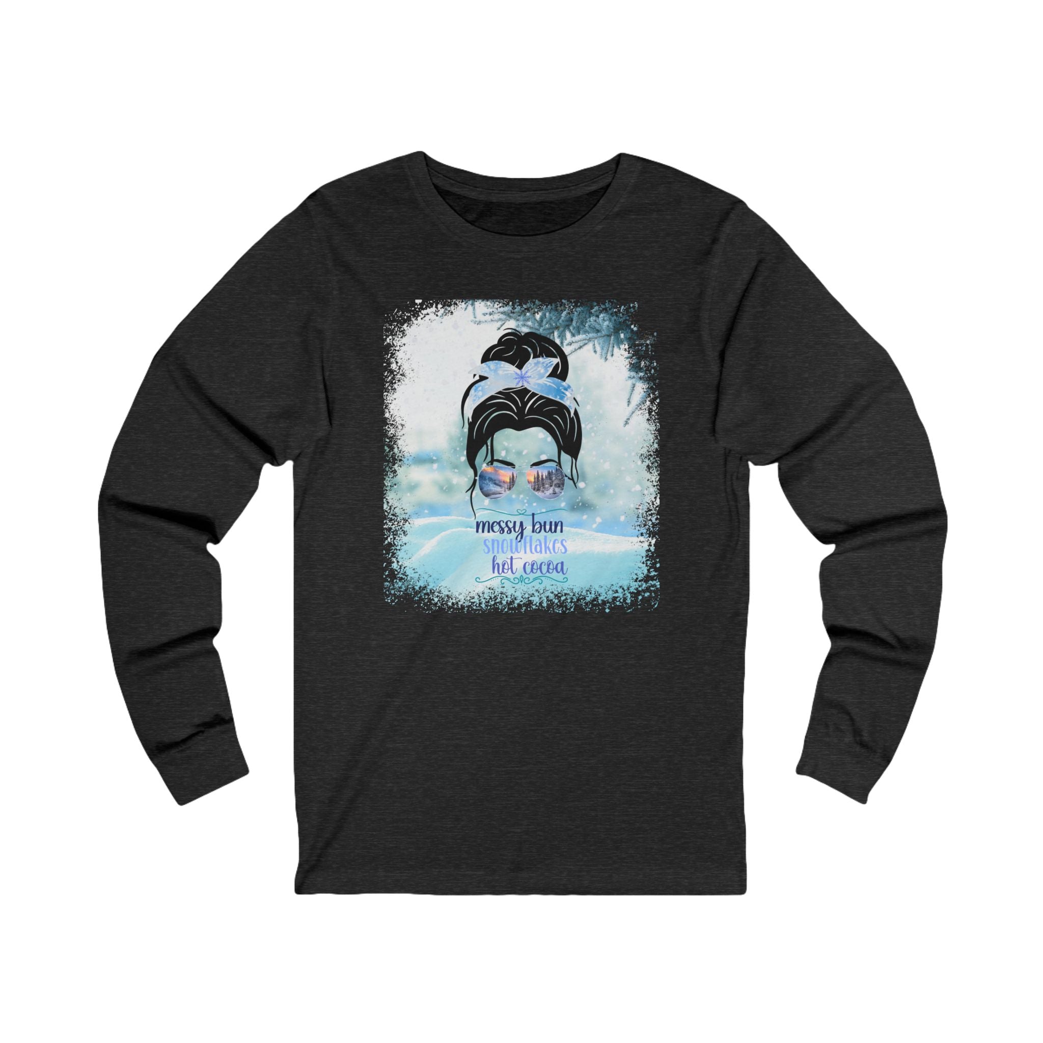 Messy Bun Snow, Dark Hair Messy Bun, Unisex Jersey Long Sleeve Tee