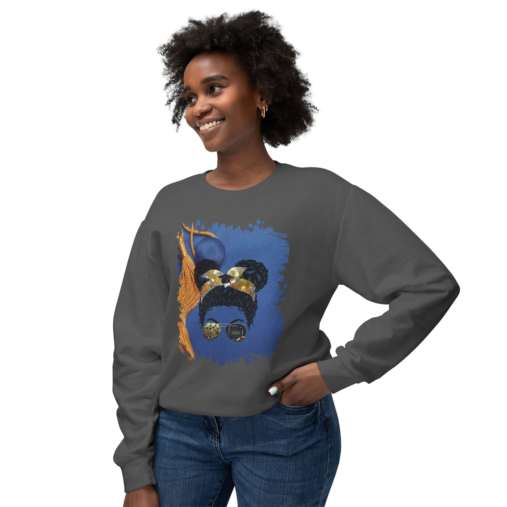 Graduation Cap, Black Hair Messy Bun, Unisex Lightweight Crewneck Sweatshirt