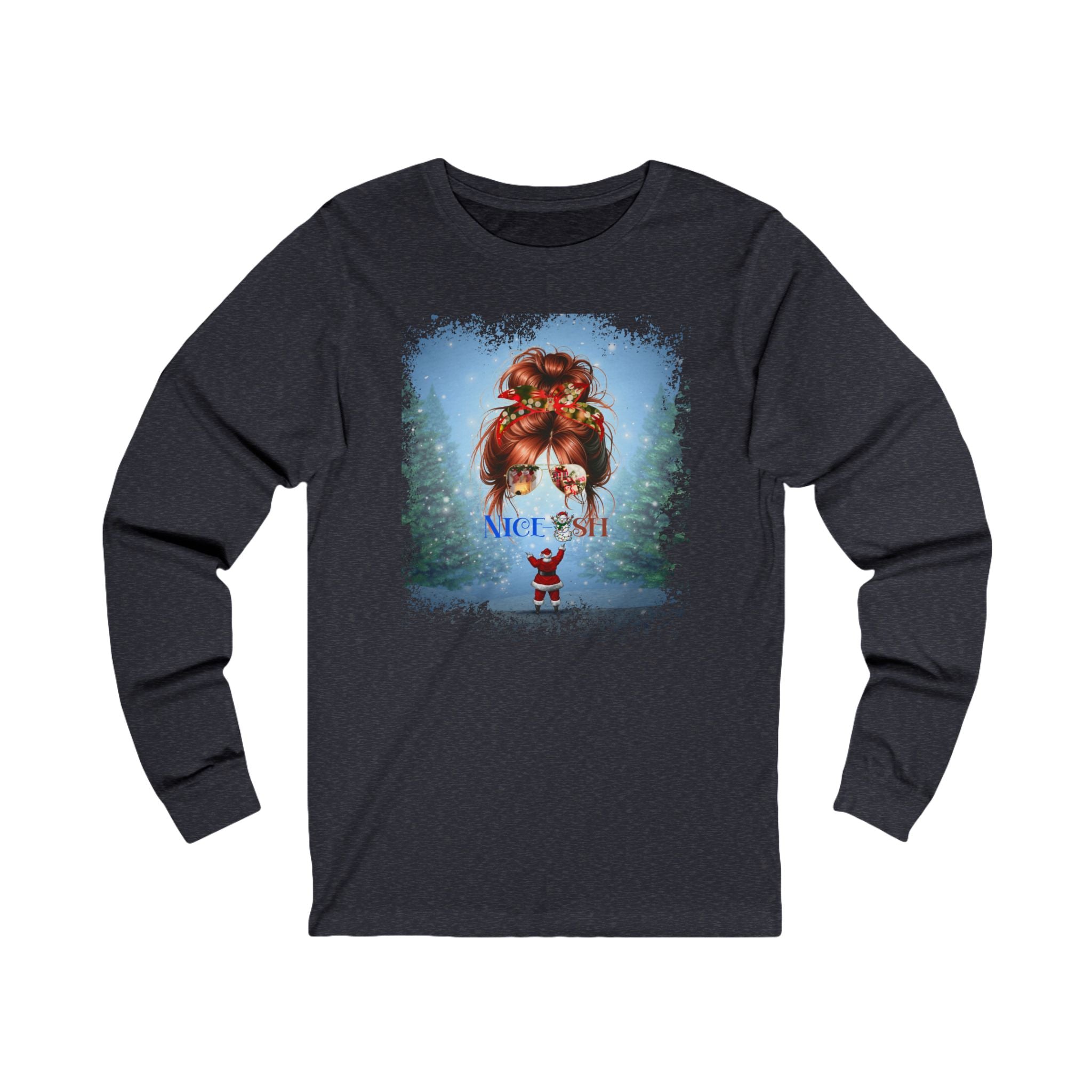 Nice-ish Santa, Red Hair Messy Bun, Unisex Jersey Long Sleeve Tee