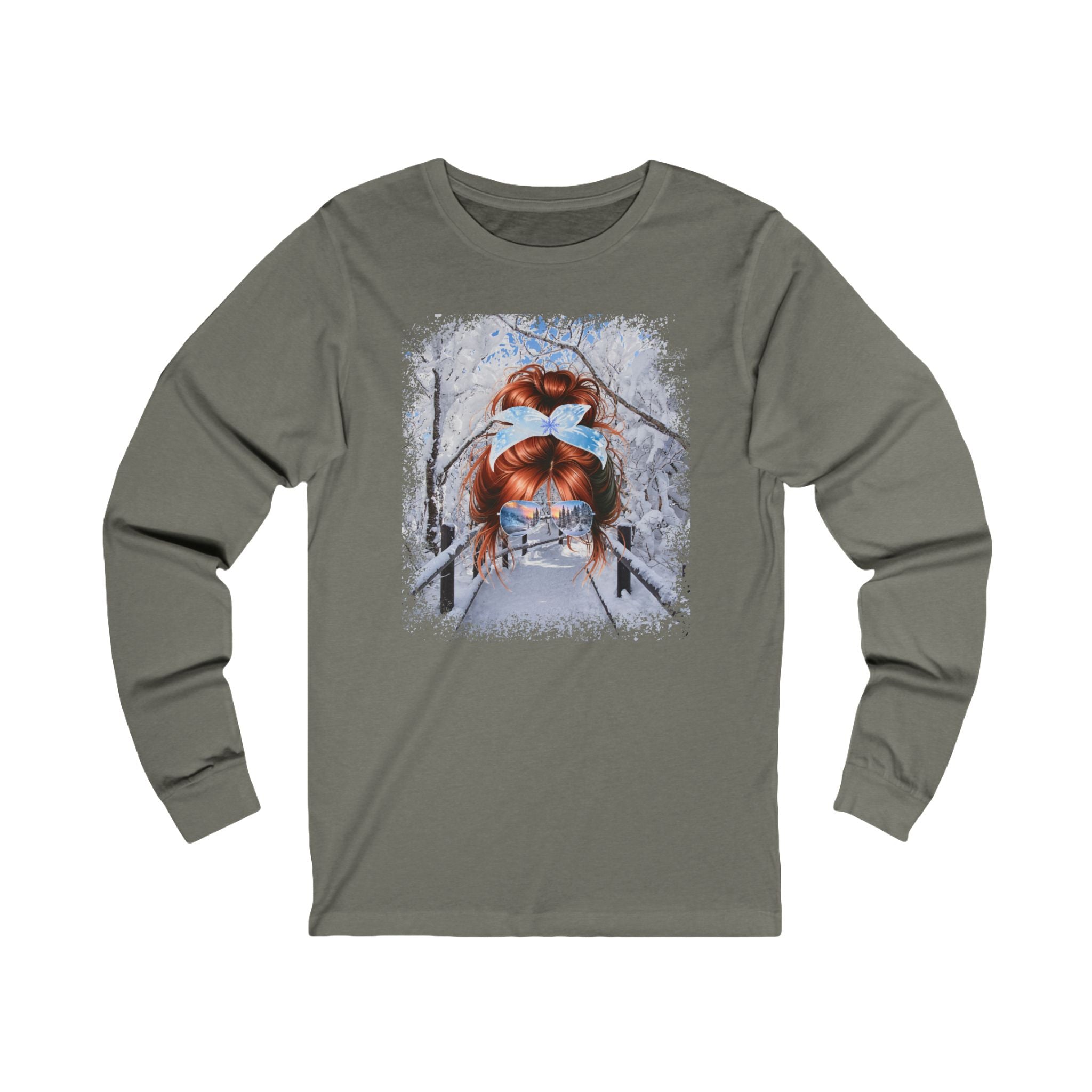 Winter Hike, Red Hair Messy Bun, Unisex Jersey Long Sleeve Tee