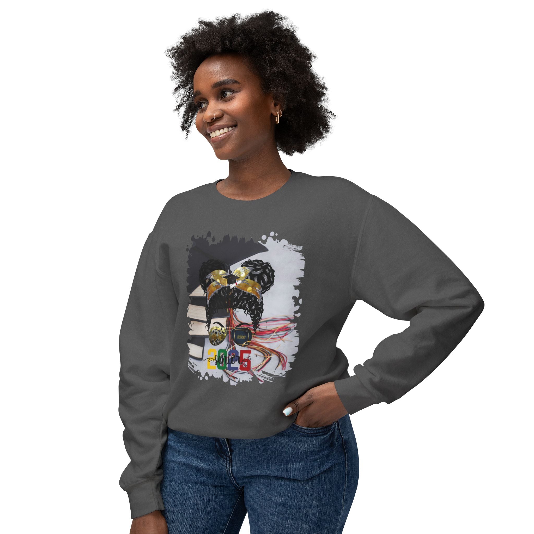 Senior 2025 Colorful, Cap & Books, Black Hair Messy Bun, Unisex Lightweight Crewneck Sweatshirt