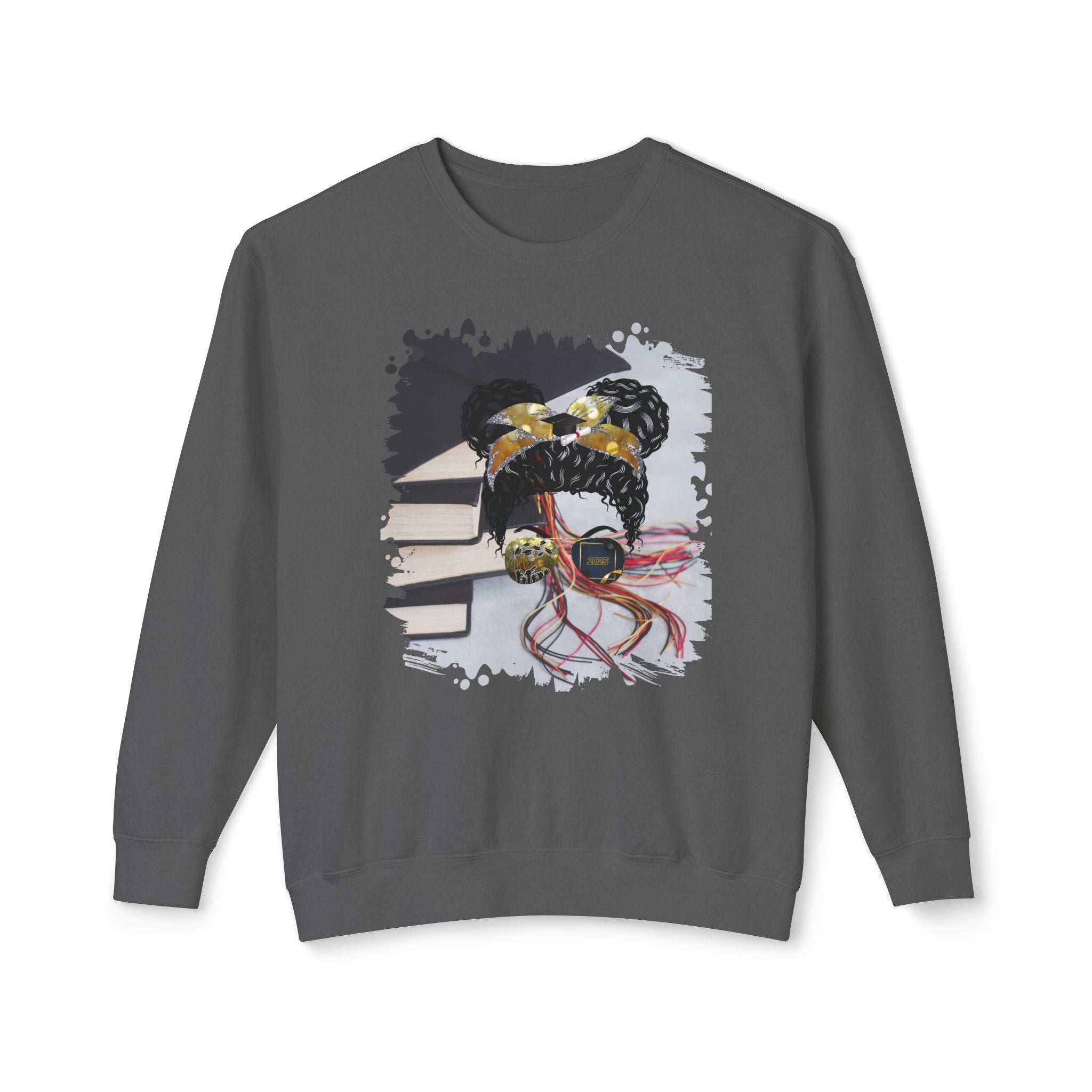 Cap & Books, Black Hair Messy Bun, Unisex Lightweight Crewneck Sweatshirt