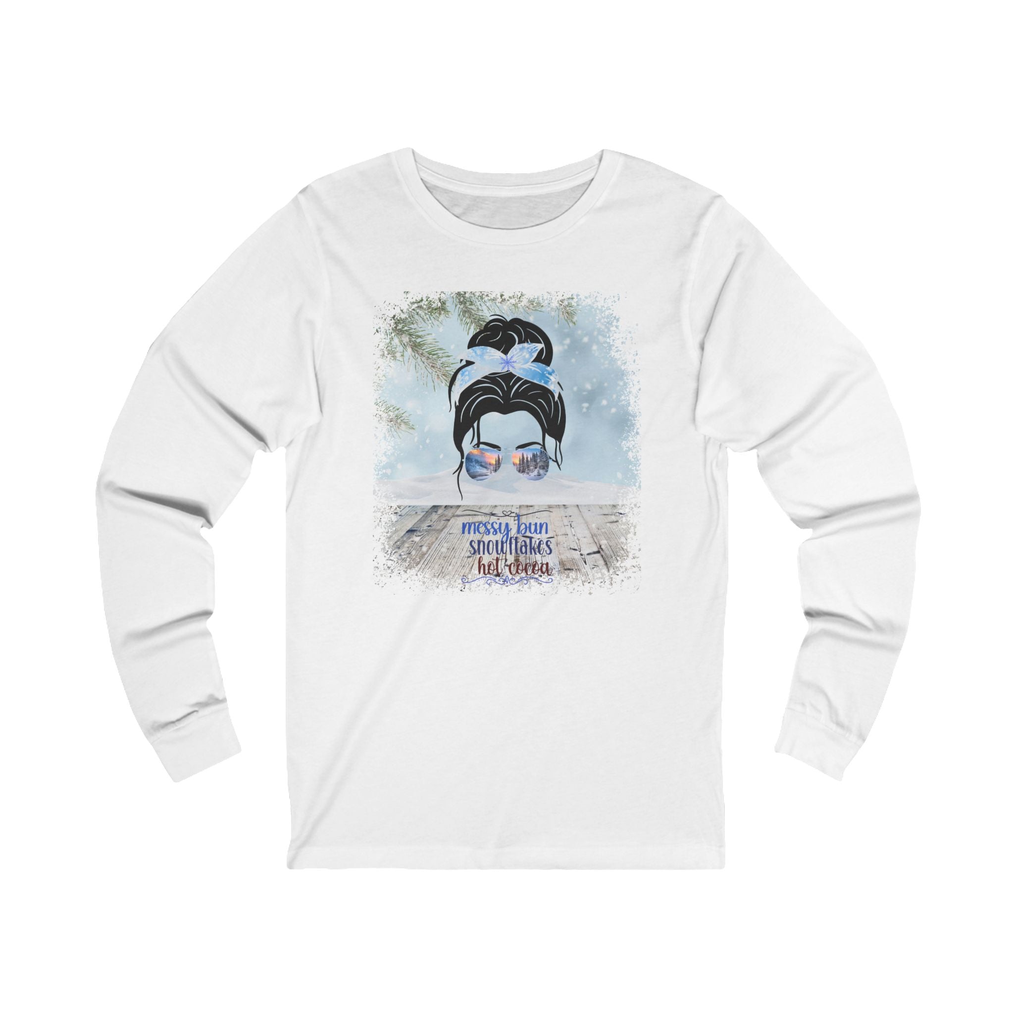 Messy Bun Winter Snowy Porch, Dark Hair Messy Bun, Unisex Jersey Long Sleeve Tee