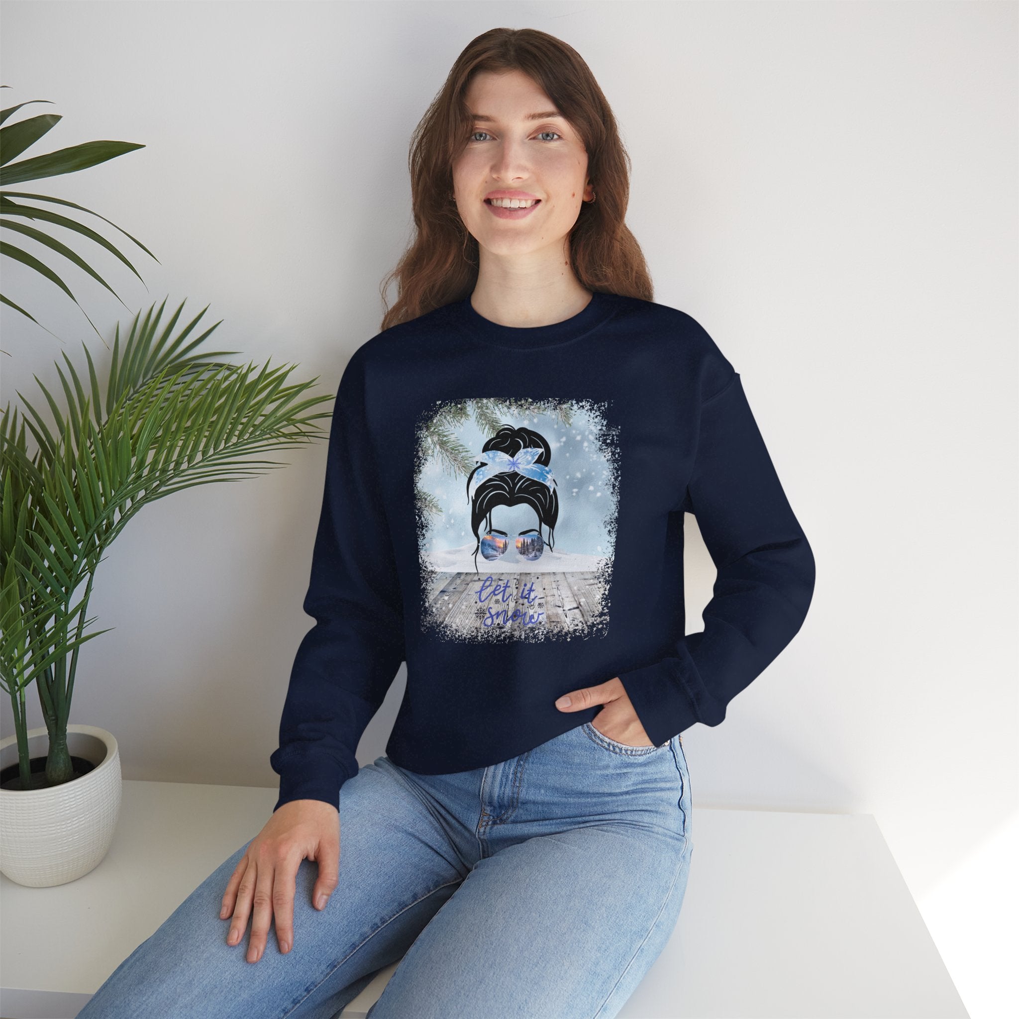 Let it Snow, Snowy Porch, Dark Hair Messy Bun, Unisex Heavy Blend™ Crewneck Sweatshirt