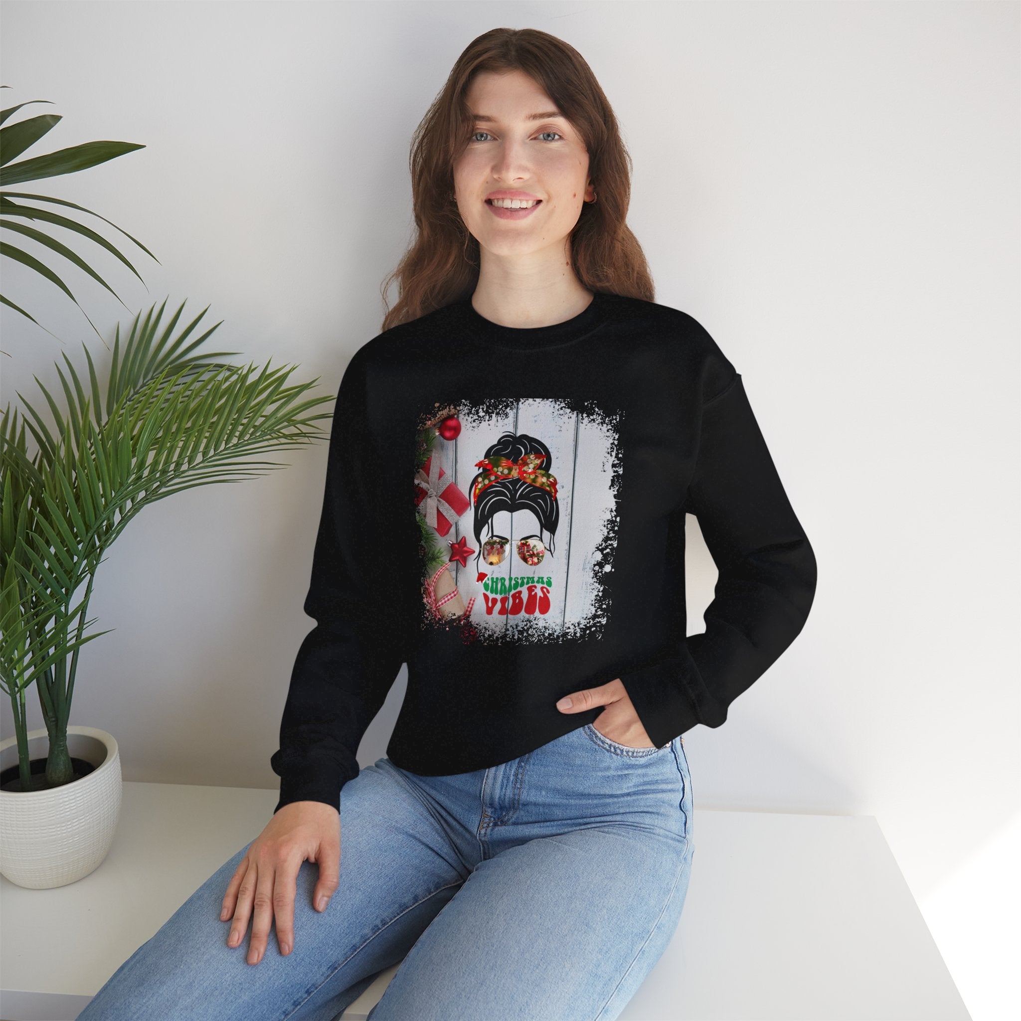 Christmas Vibes Christmas Presents, Dark Hair Messy Bun, Unisex Heavy Blend™ Crewneck Sweatshirt