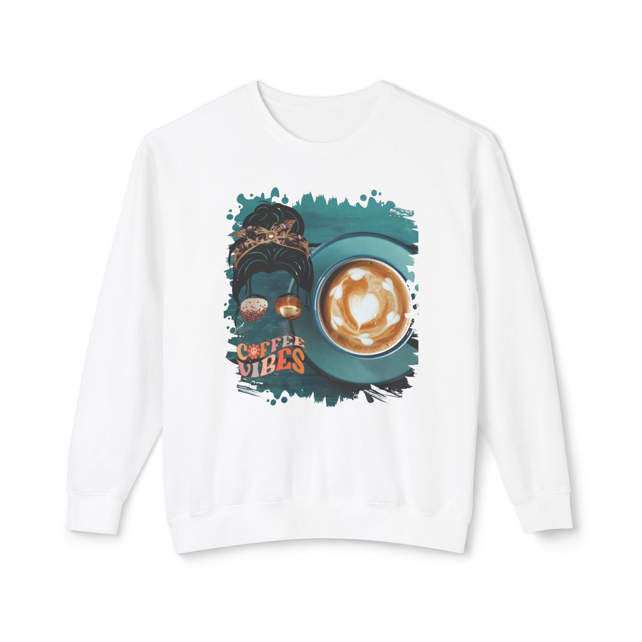 Coffee Vibes, Coffee Cup, Dark Hair Messy Bun, Unisex Lightweight Crewneck Sweatshirt