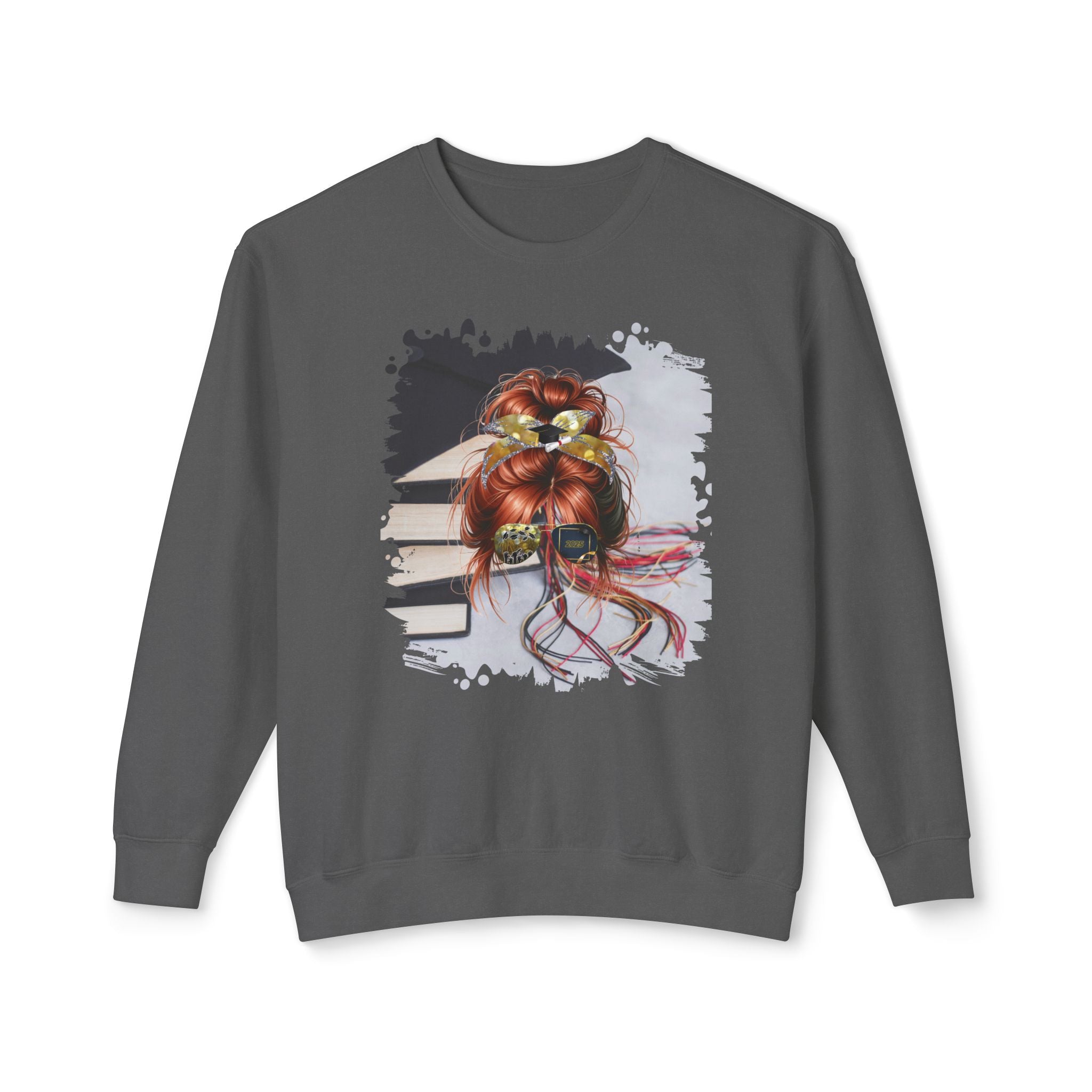 Cap & Books, Red Hair Messy Bun, Unisex Lightweight Crewneck Sweatshirt