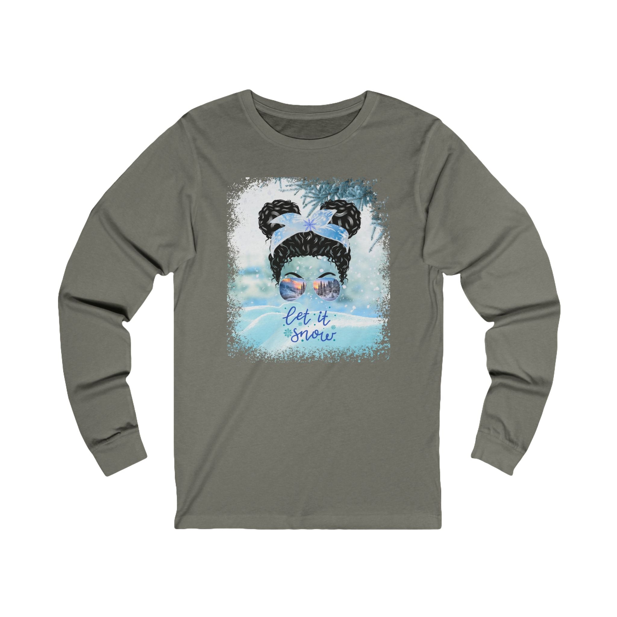 Let it Snow, Snow, Black Hair Messy Bun, Unisex Jersey Long Sleeve Tee