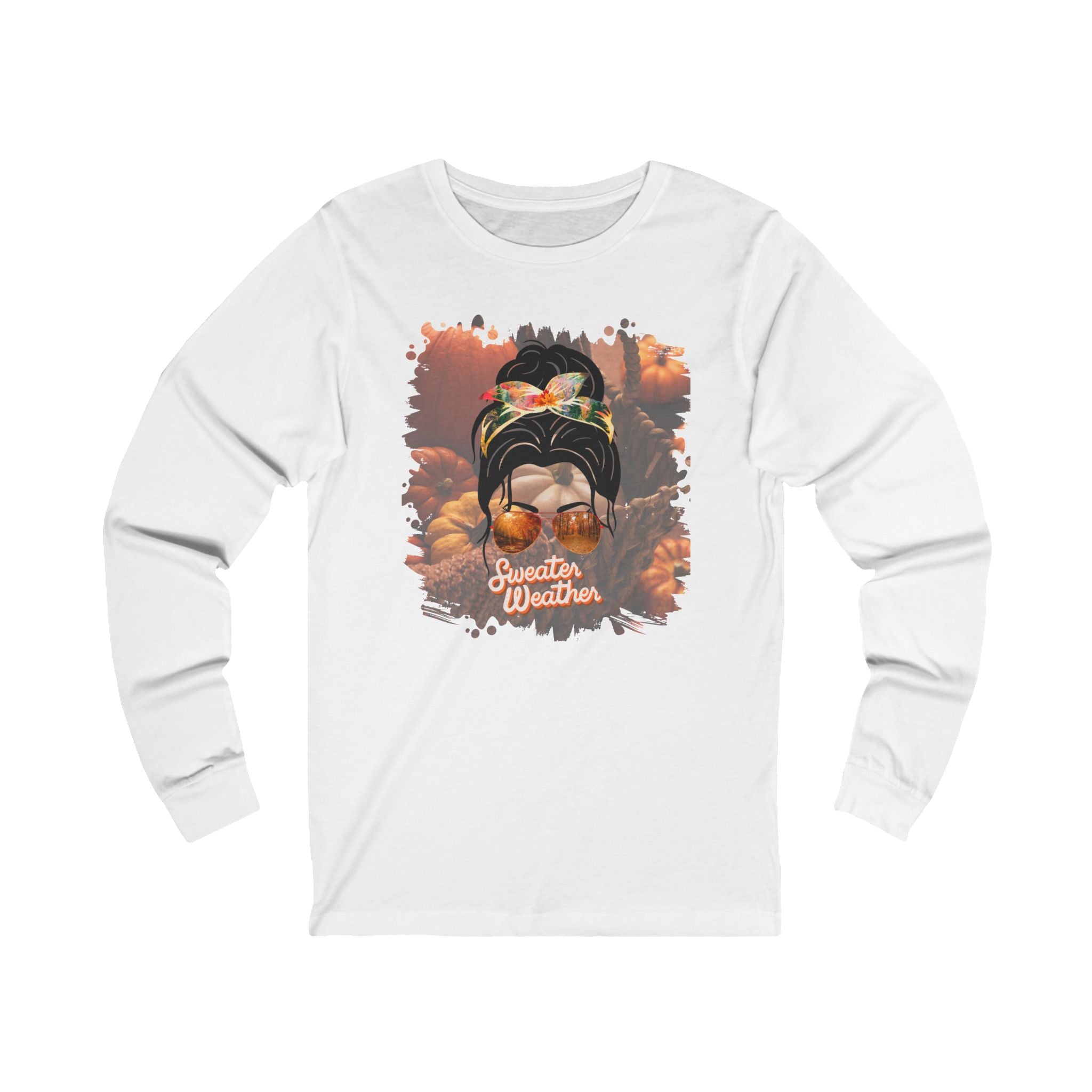 Sweater Weather Fall Pumpkins, Dark Hair Messy Bun, Unisex Jersey Long Sleeve Tee