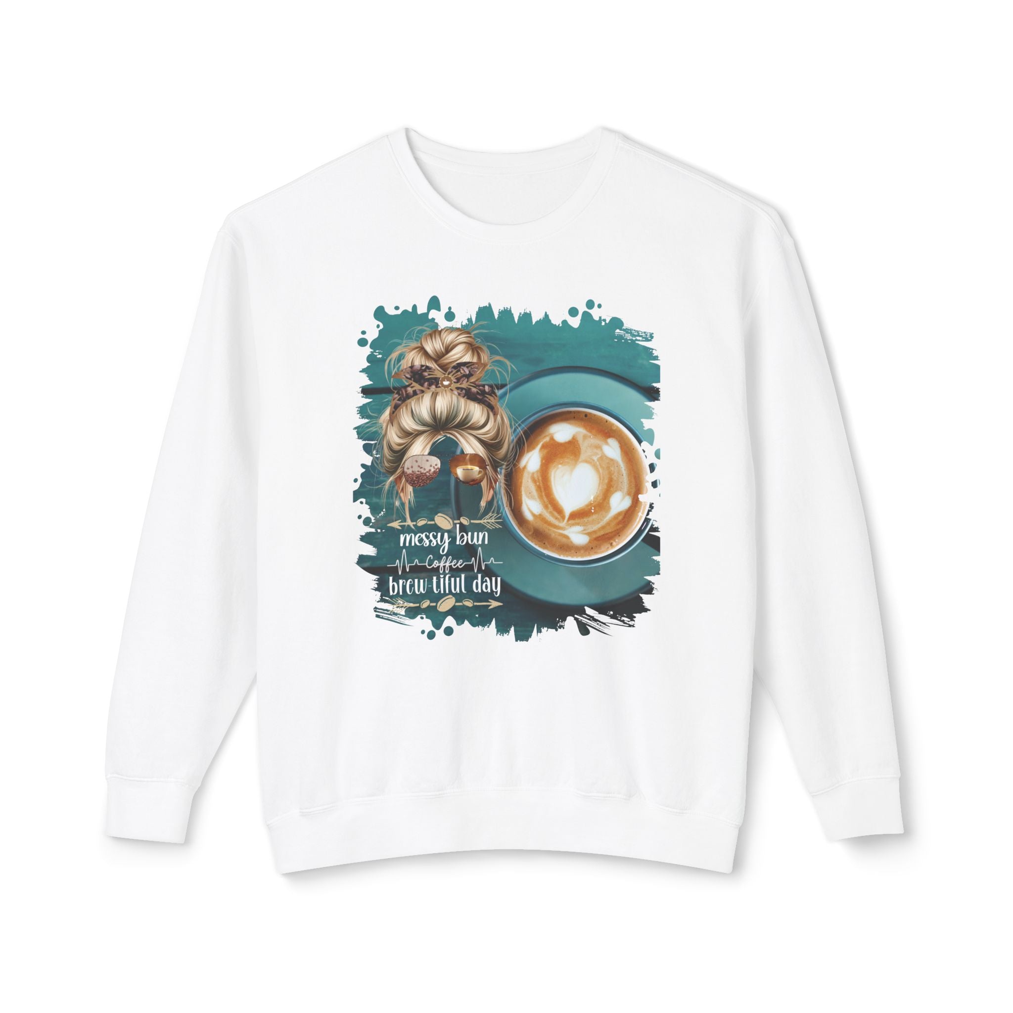 Coffee Heartbeat, Coffee Cup, Blond Hair Messy Bun, Unisex Lightweight Crewneck Sweatshirt