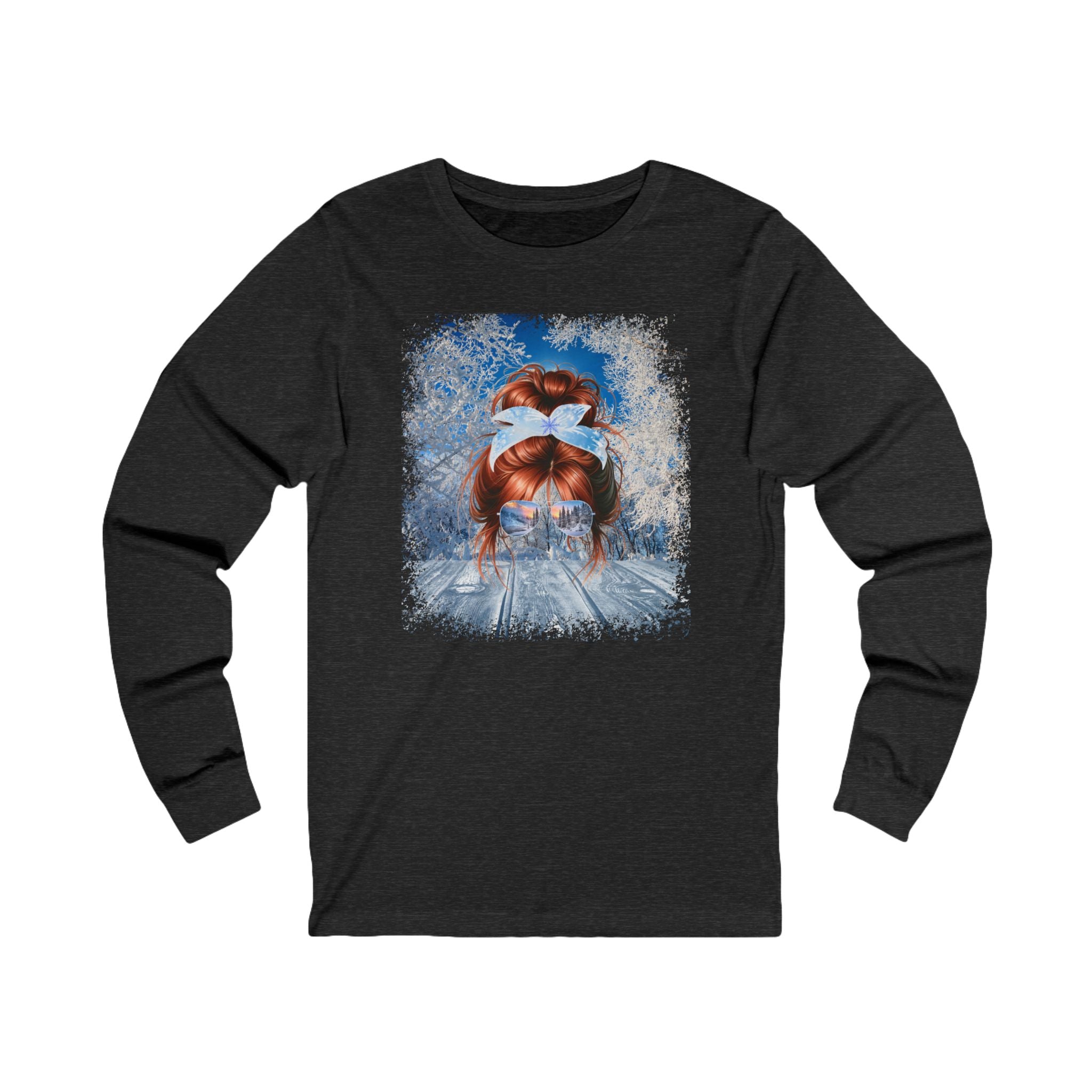 Winter Sunny Porch, Red Hair Messy Bun, Unisex Jersey Long Sleeve Tee