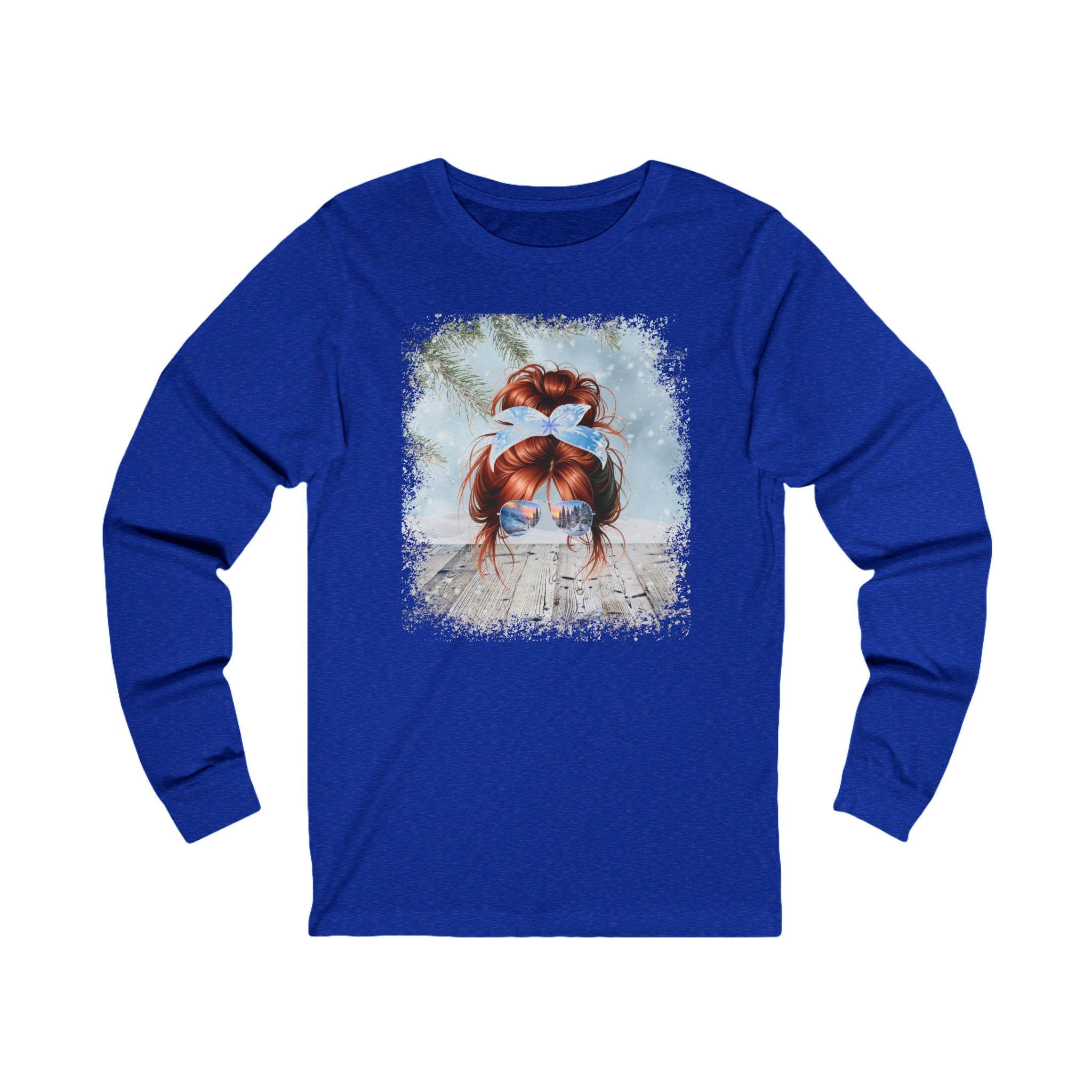 Winter Snowy Porch, Red Hair Messy Bun, Unisex Jersey Long Sleeve Tee