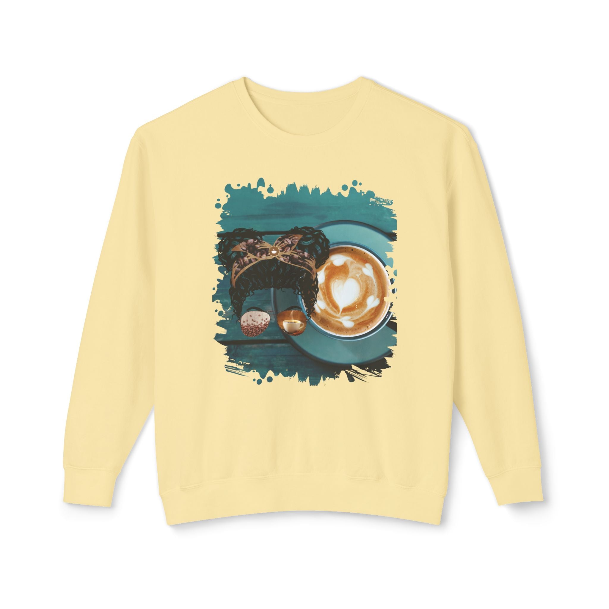 Coffee Cup, Black Hair Messy Bun, Unisex Lightweight Crewneck Sweatshirt