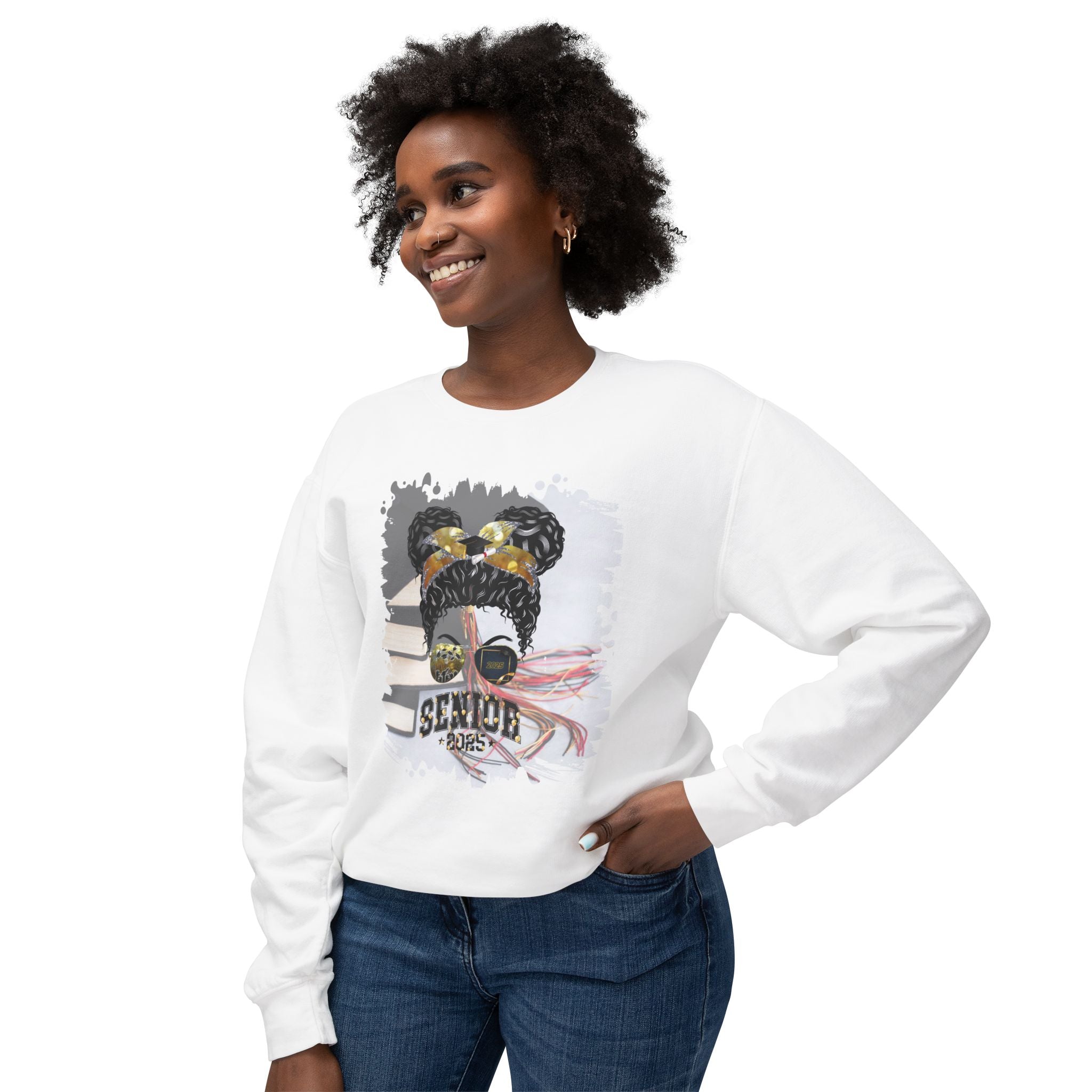 Senior 2025 Balloons, Cap & Books, Black Hair Messy Bun, Unisex Lightweight Crewneck Sweatshirt