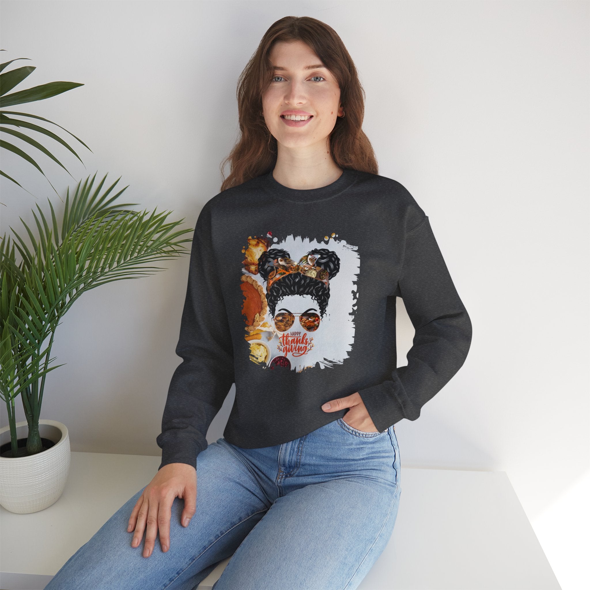 Happy Thanksgiving, Thanksgiving Pie, Black Hair Messy Bun, Unisex Heavy Blend™ Crewneck Sweatshirt