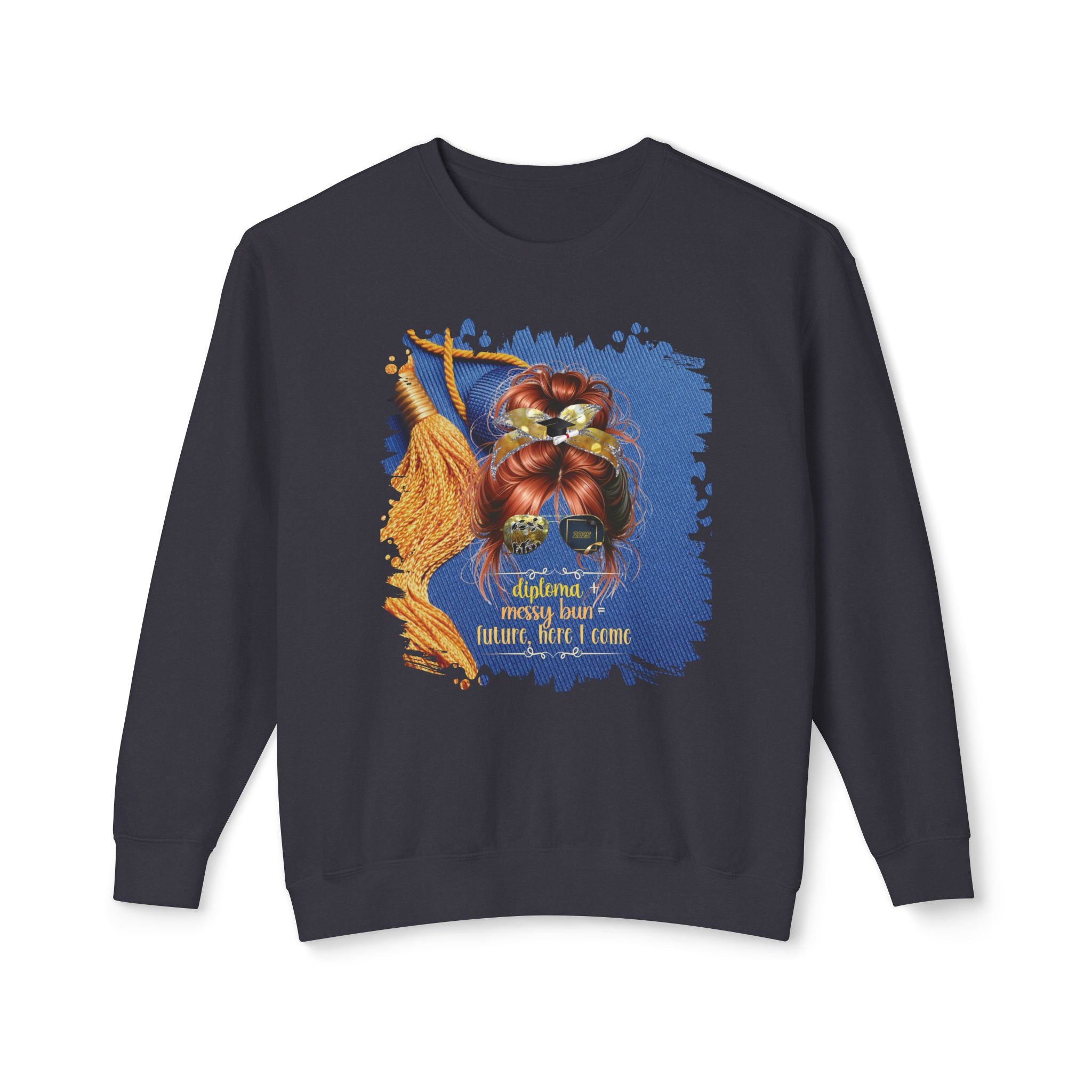Diploma + Messy Bun, Graduation Cap, Red Hair Messy Bun, Unisex Lightweight Crewneck Sweatshirt