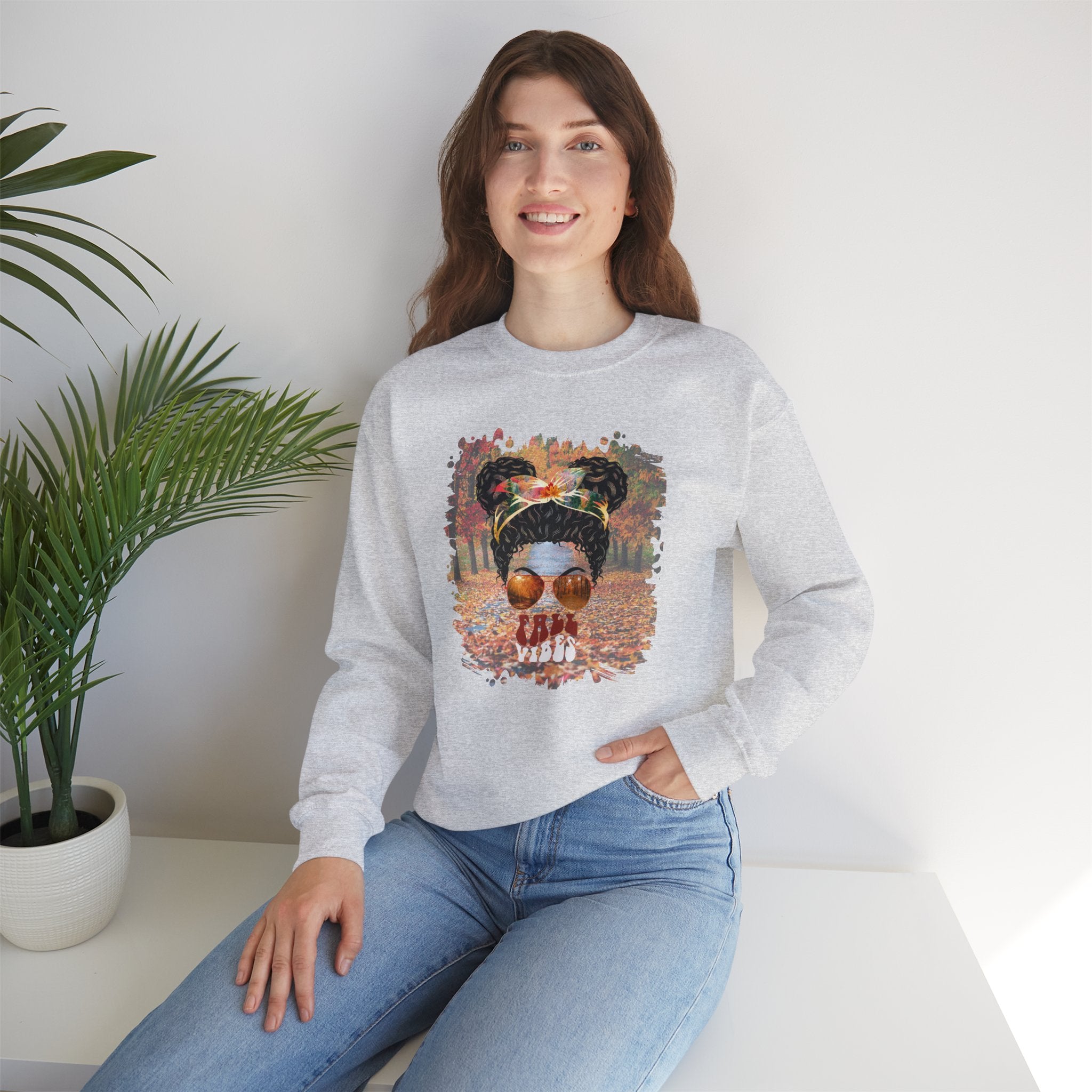 Fall Vibes Fall Trail, Black Hair Messy Bun, Unisex Heavy Blend™ Crewneck Sweatshirt