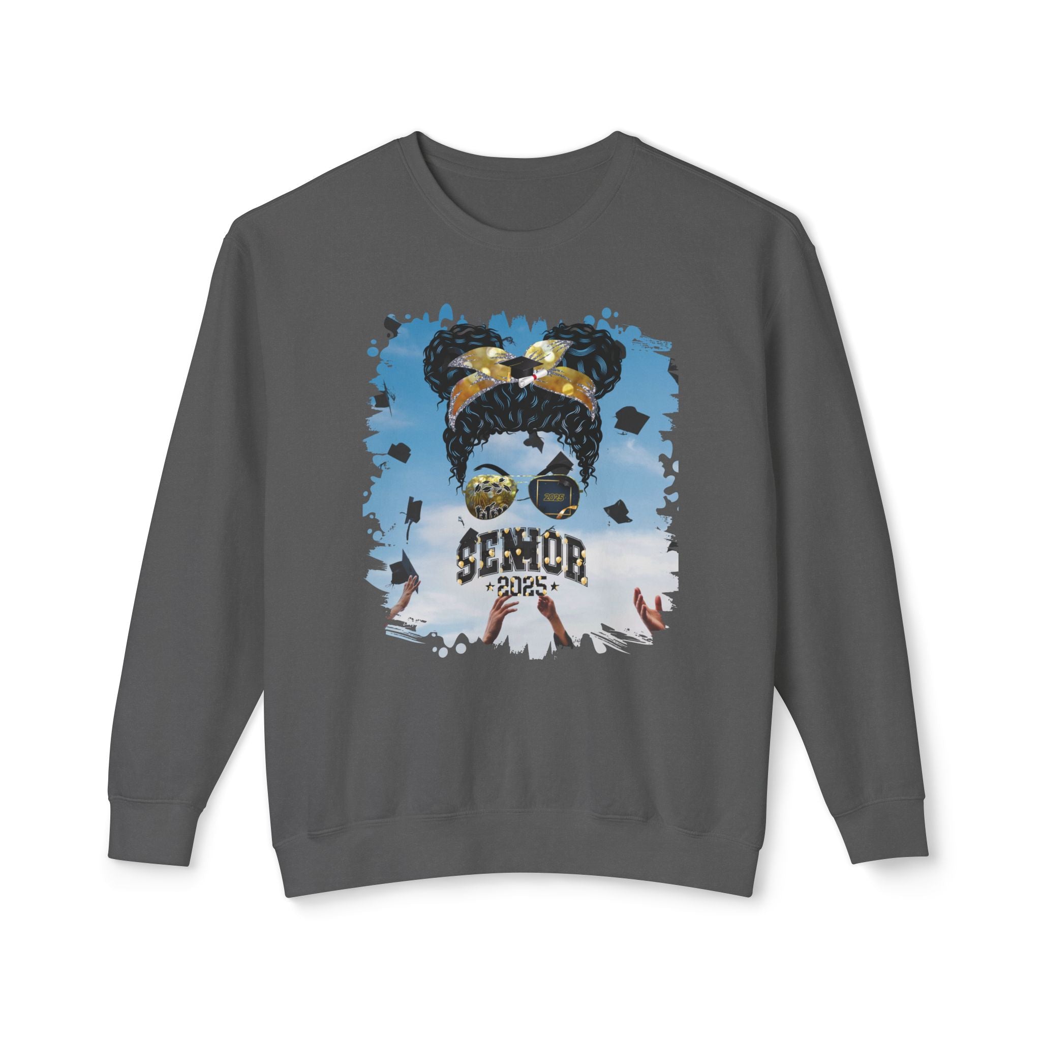 Senior 2025 Balloons, Celebration, Black Hair Messy Bun, Unisex Lightweight Crewneck Sweatshirt