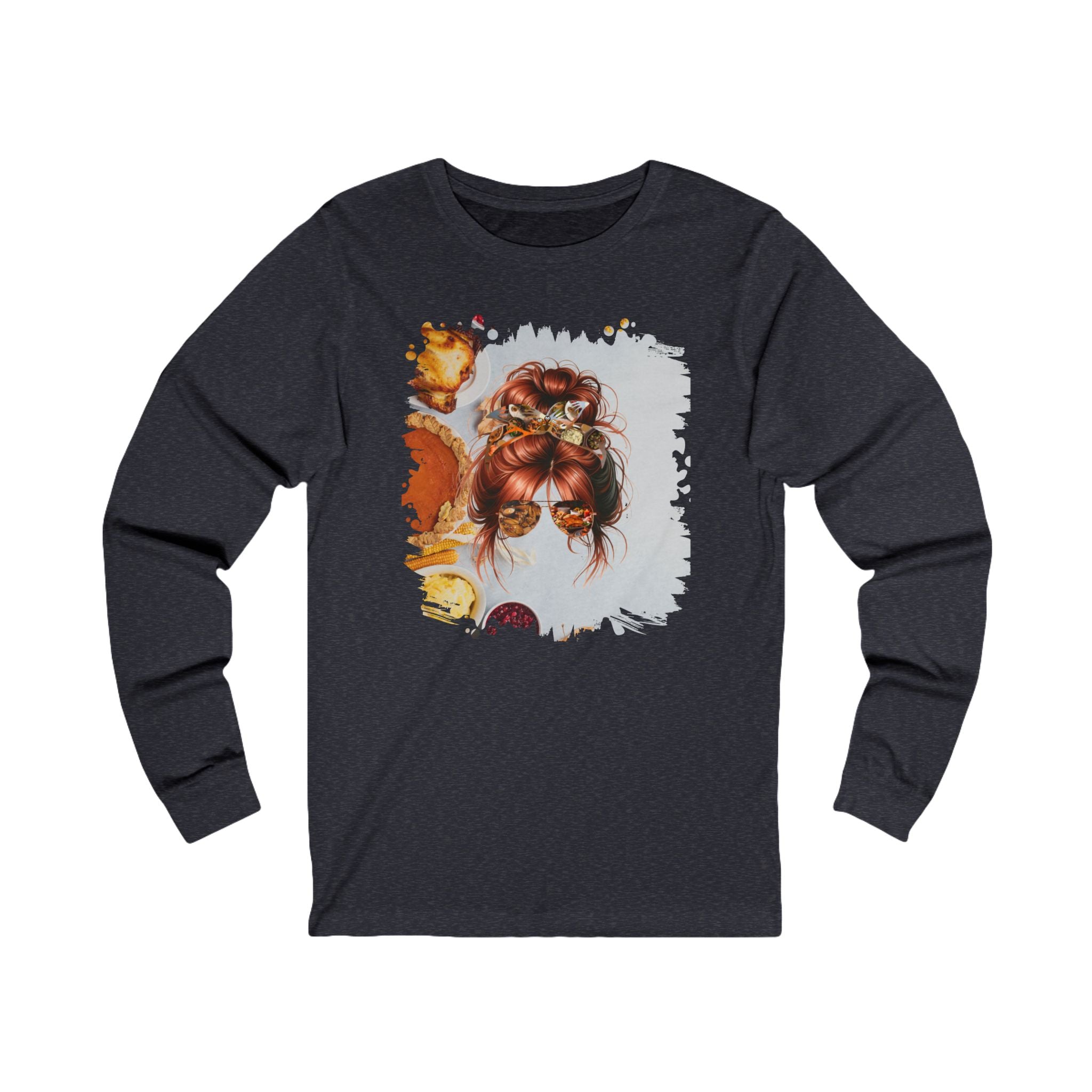 Thanksgiving Pie, Red Hair Messy Bun, Unisex Jersey Long Sleeve Tee