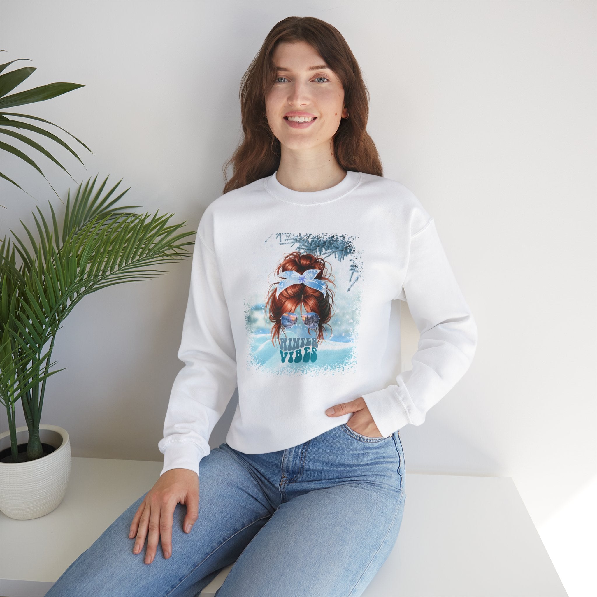 Winter Vibes Snow, Red Hair Messy Bun, Unisex Heavy Blend™ Crewneck Sweatshirt