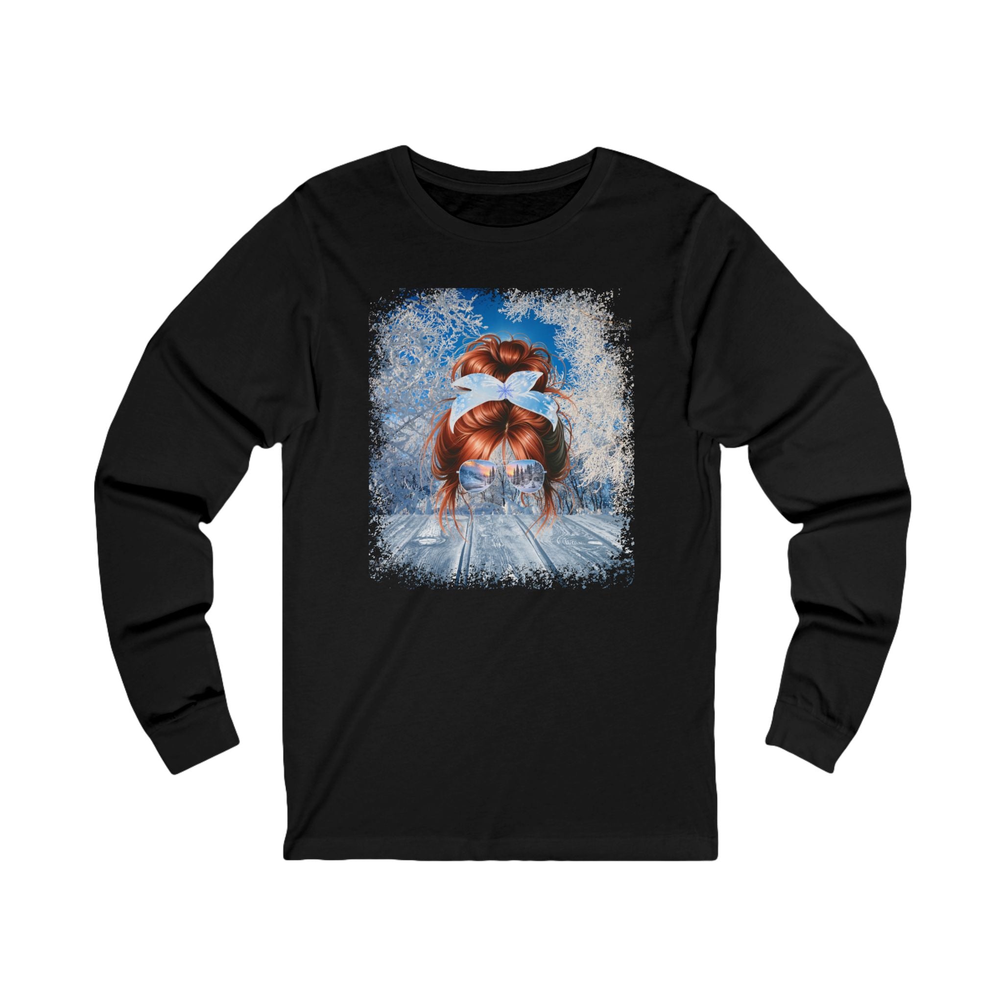 Winter Sunny Porch, Red Hair Messy Bun, Unisex Jersey Long Sleeve Tee