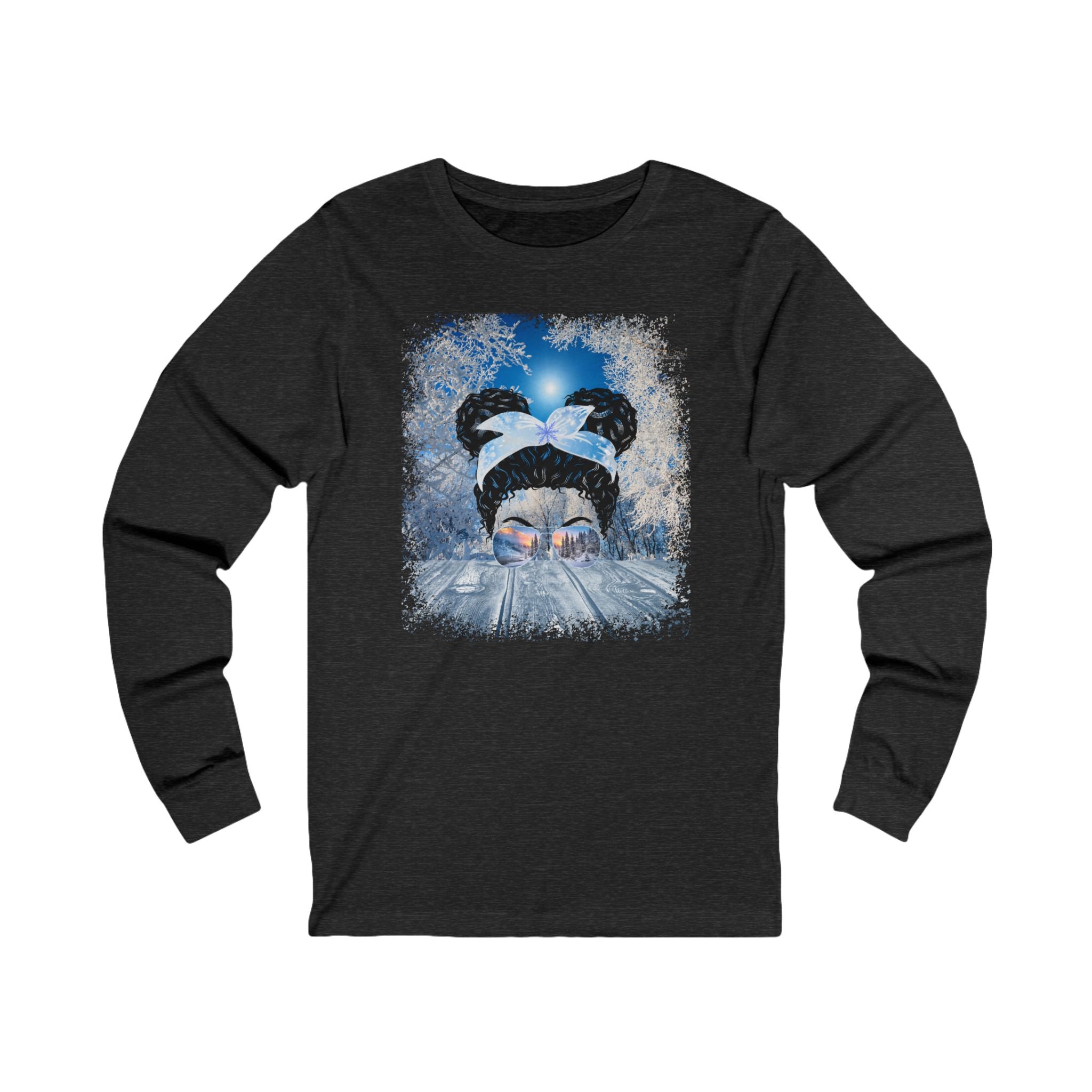 Winter Sunny Porch, Black Hair Messy Bun, Unisex Jersey Long Sleeve Tee