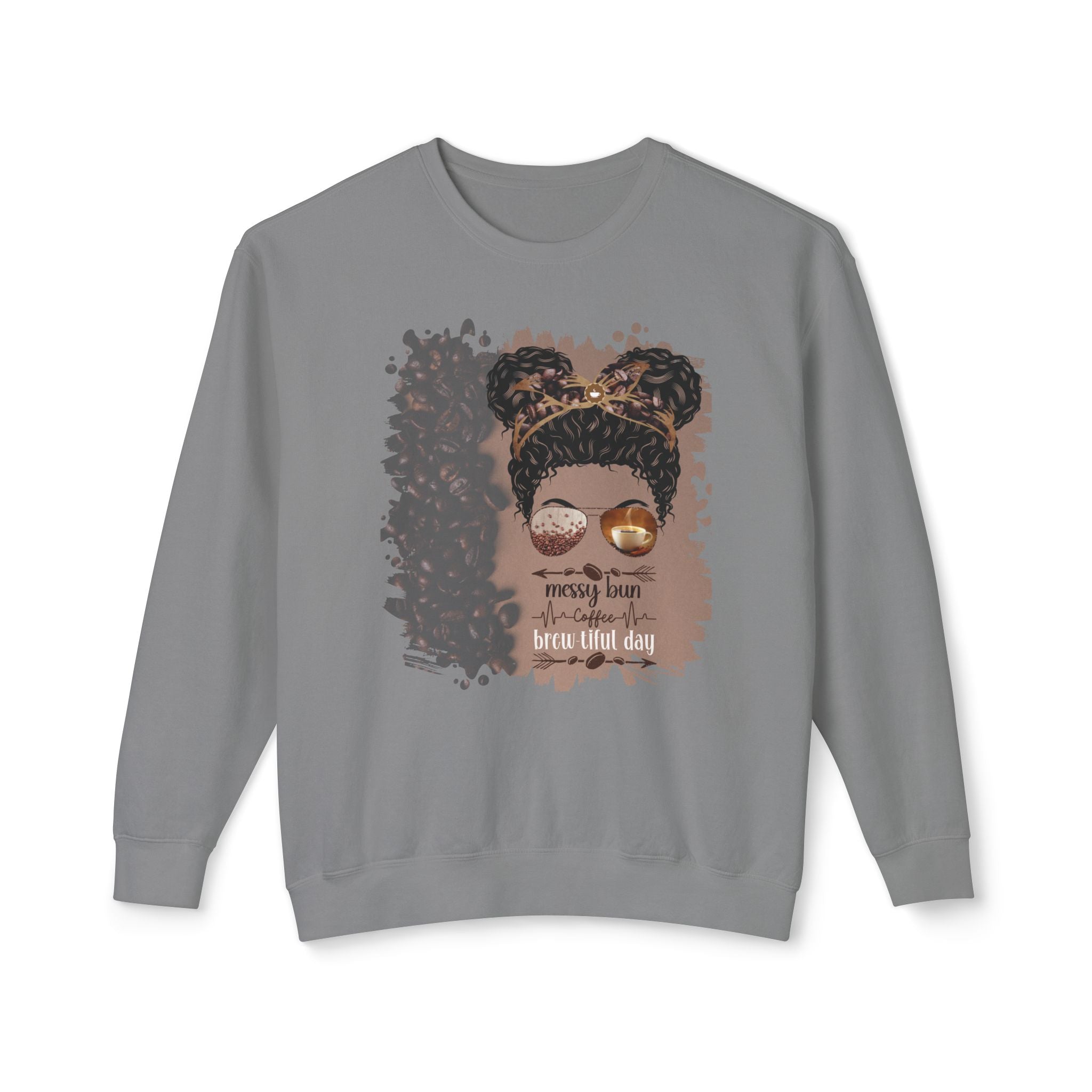 Messy Bun Coffee Heartbeat, Coffee Beans Shade, Black Hair Messy Bun, Unisex Lightweight Crewneck Sweatshirt