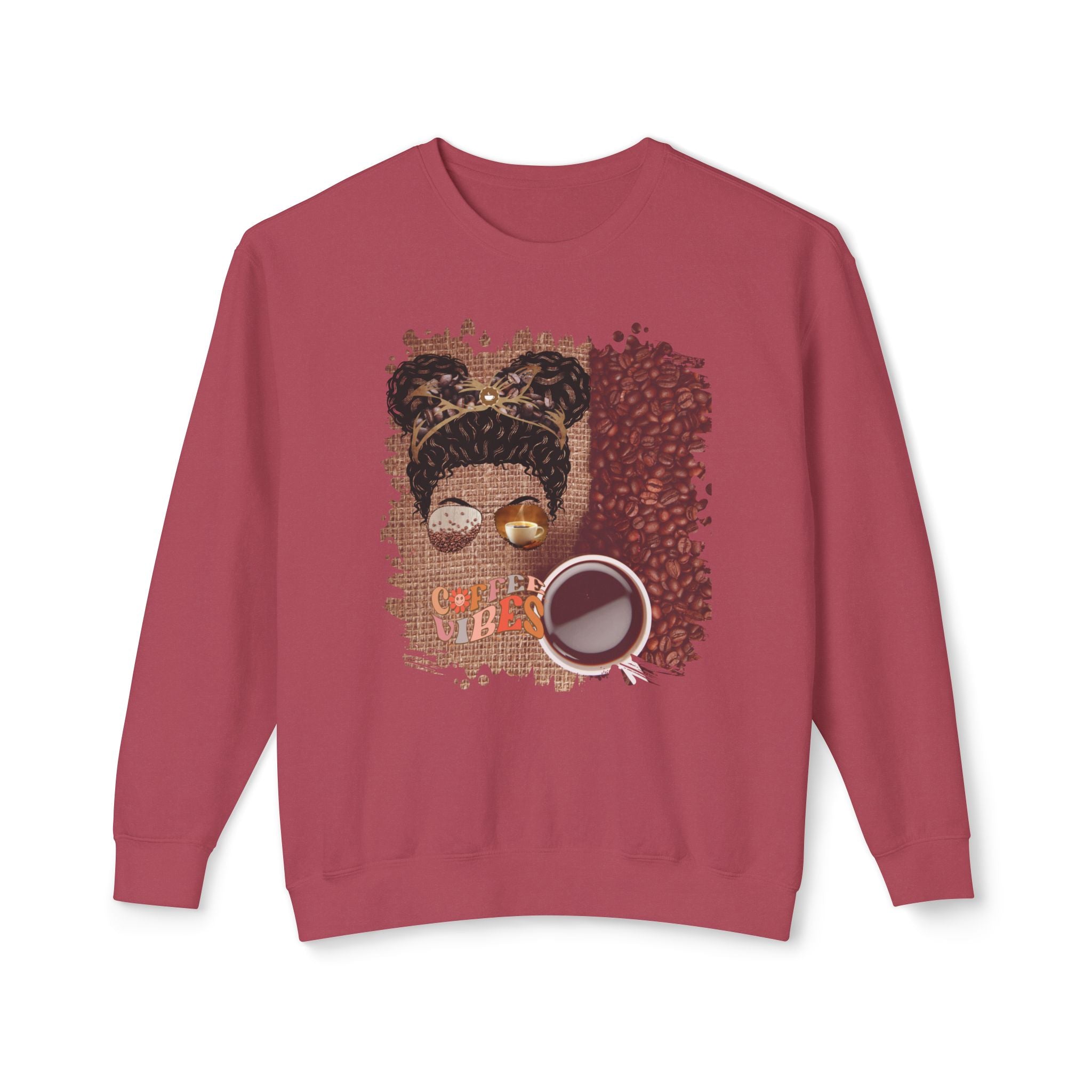 Coffee Vibes, Coffee Beans Bag, Black Hair Messy Bun, Unisex Lightweight Crewneck Sweatshirt