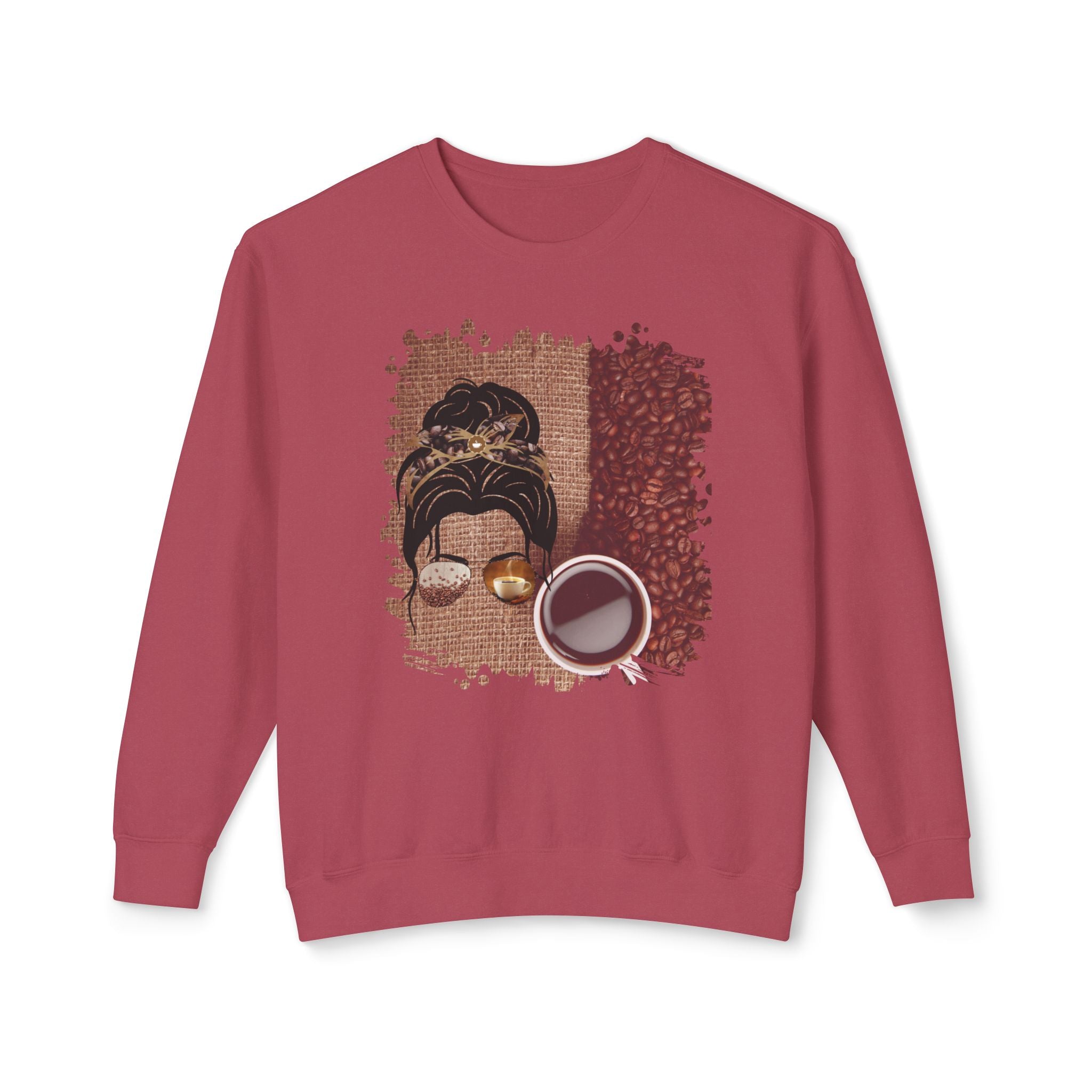 Coffee Beans Bag, Dark Hair Messy Bun, Unisex Lightweight Crewneck Sweatshirt