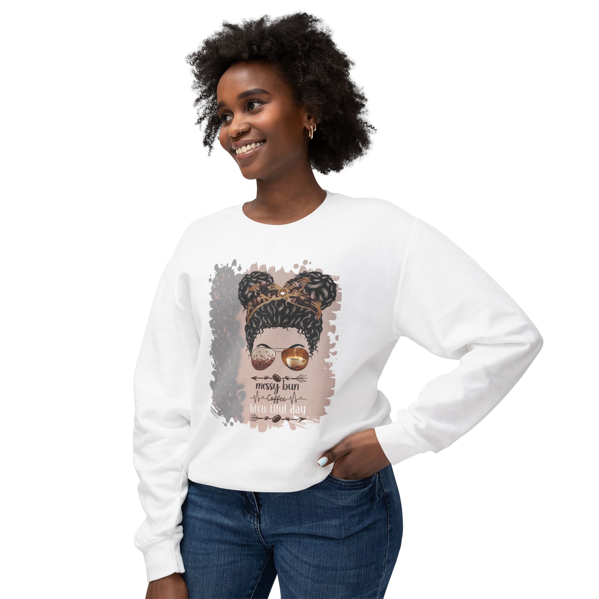 Messy Bun Coffee Heartbeat, Coffee Beans Shade, Black Hair Messy Bun, Unisex Lightweight Crewneck Sweatshirt