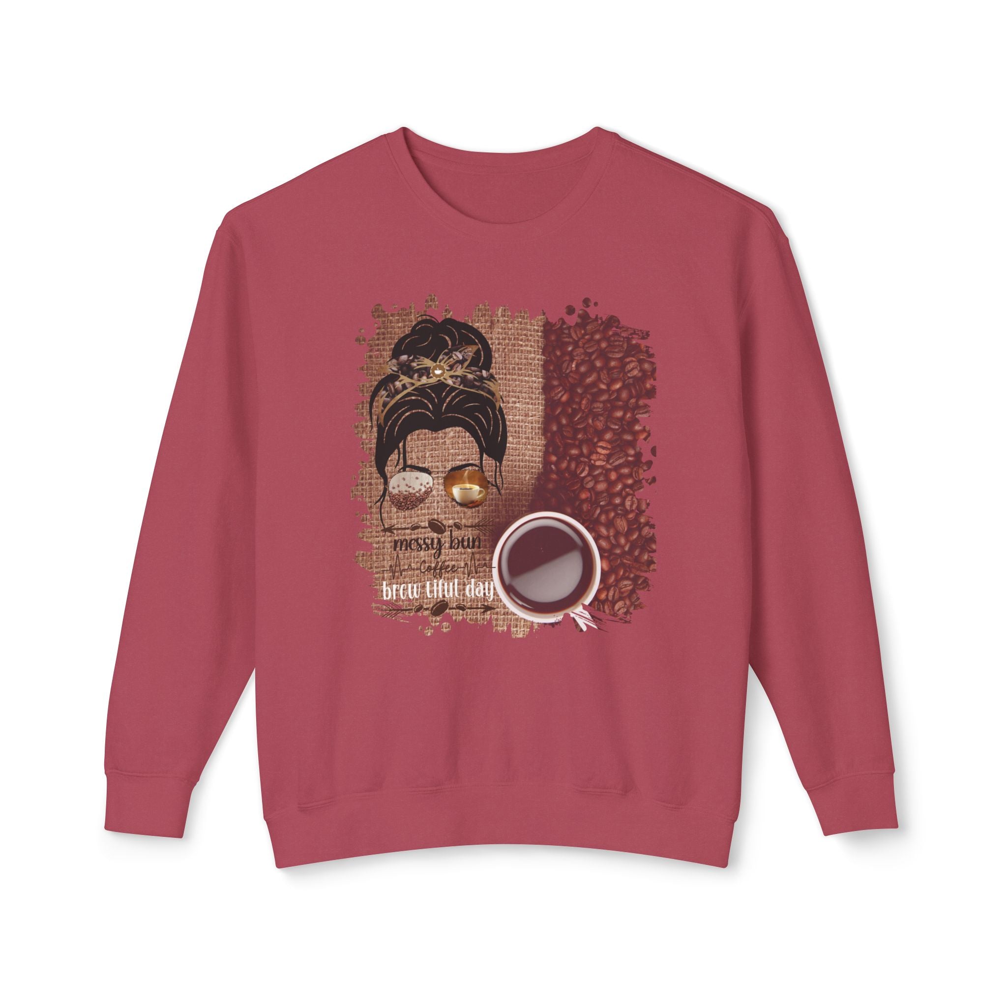 Coffee Heartbeat, Coffee Beans Bag, Dark Hair Messy Bun, Unisex Lightweight Crewneck Sweatshirt