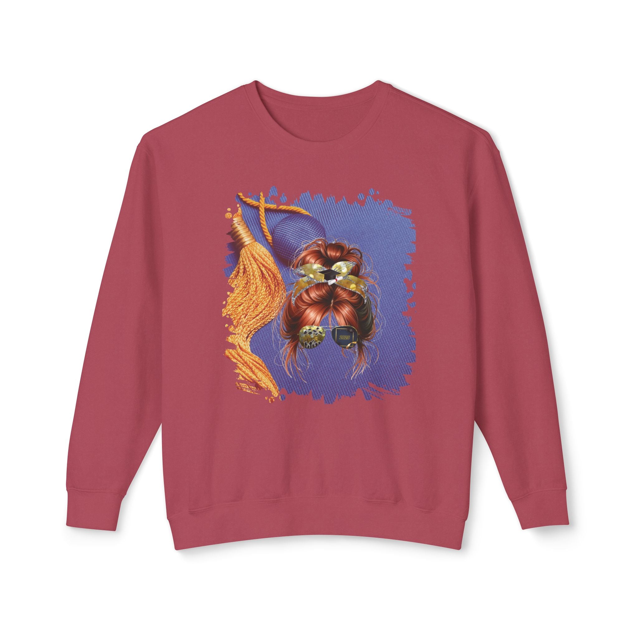 Graduation Cap, Red Hair Messy Bun, Unisex Lightweight Crewneck Sweatshirt