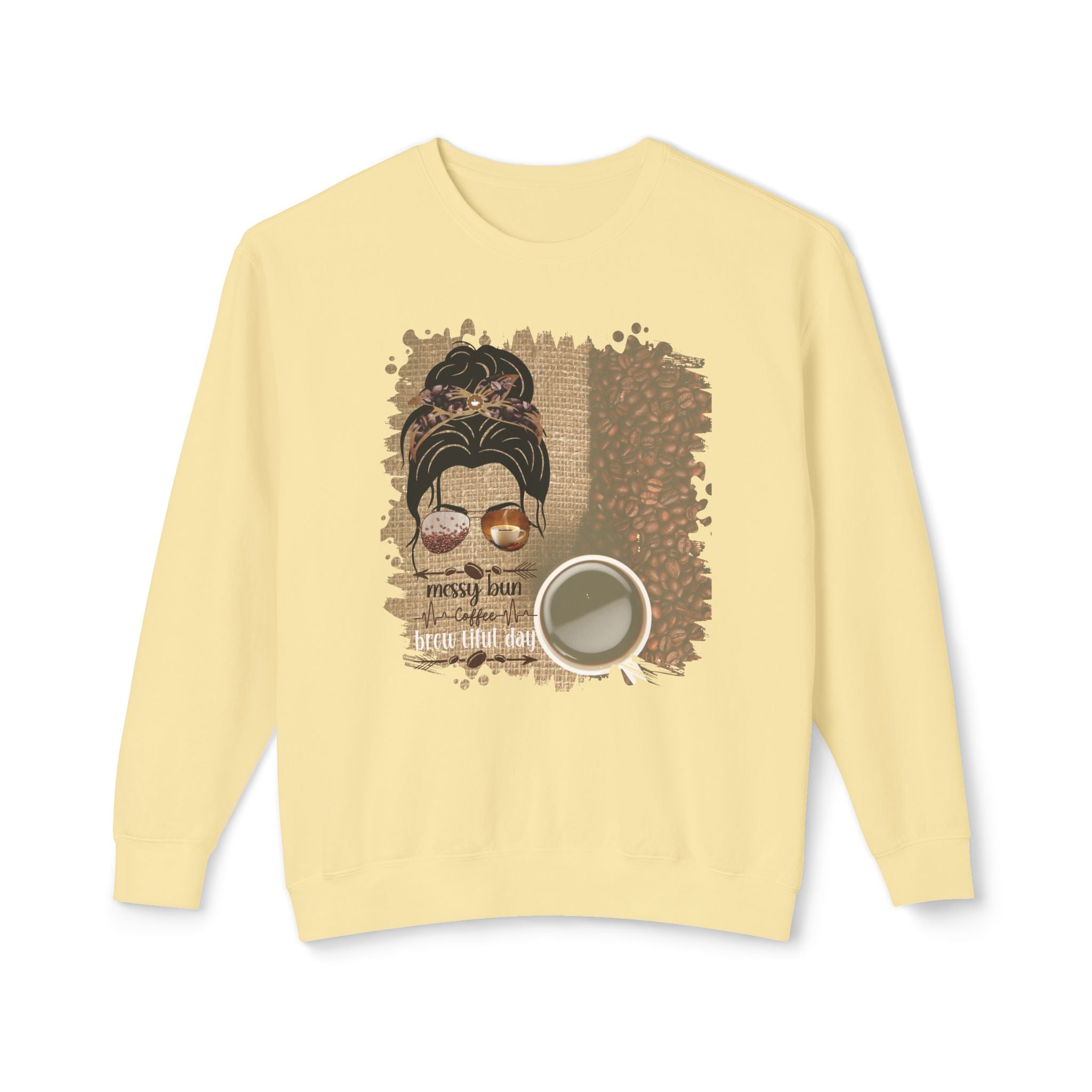 Coffee Heartbeat, Coffee Beans Bag, Dark Hair Messy Bun, Unisex Lightweight Crewneck Sweatshirt