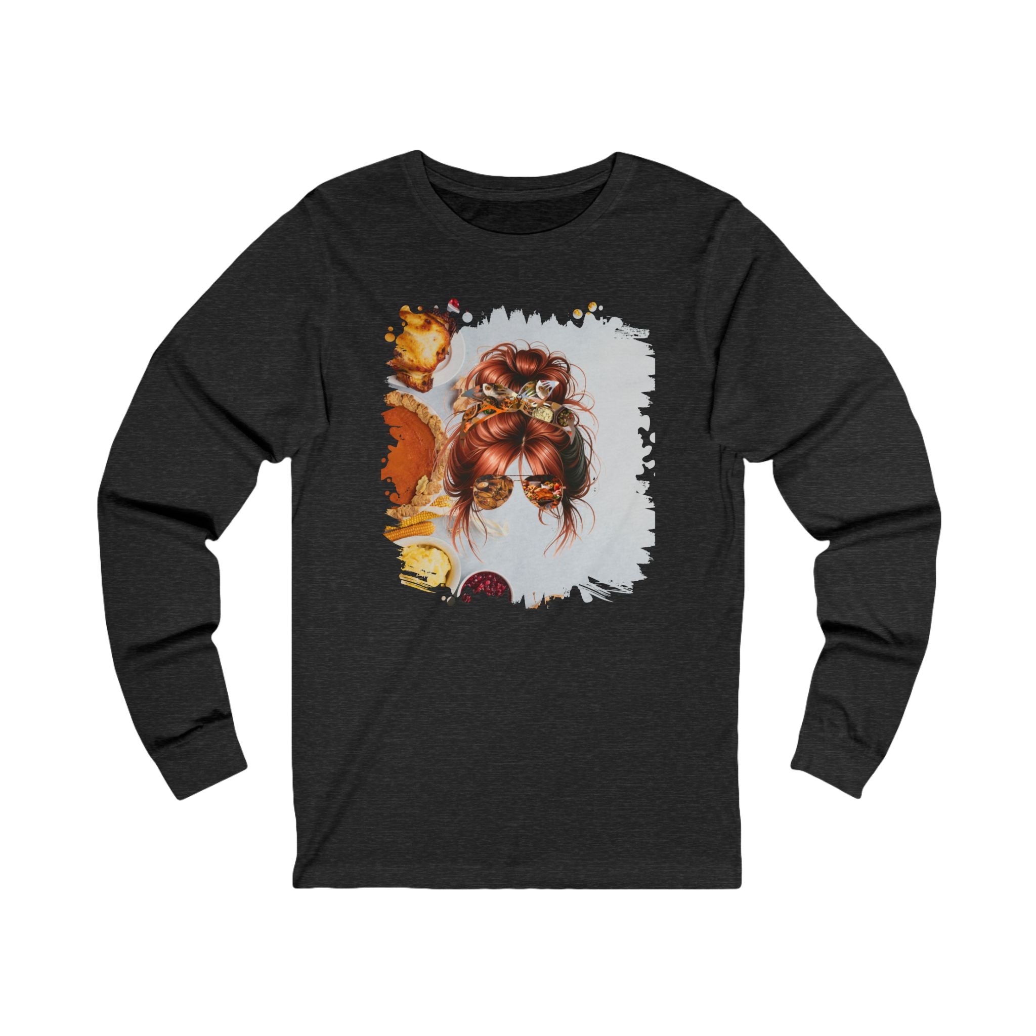 Thanksgiving Pie, Red Hair Messy Bun, Unisex Jersey Long Sleeve Tee