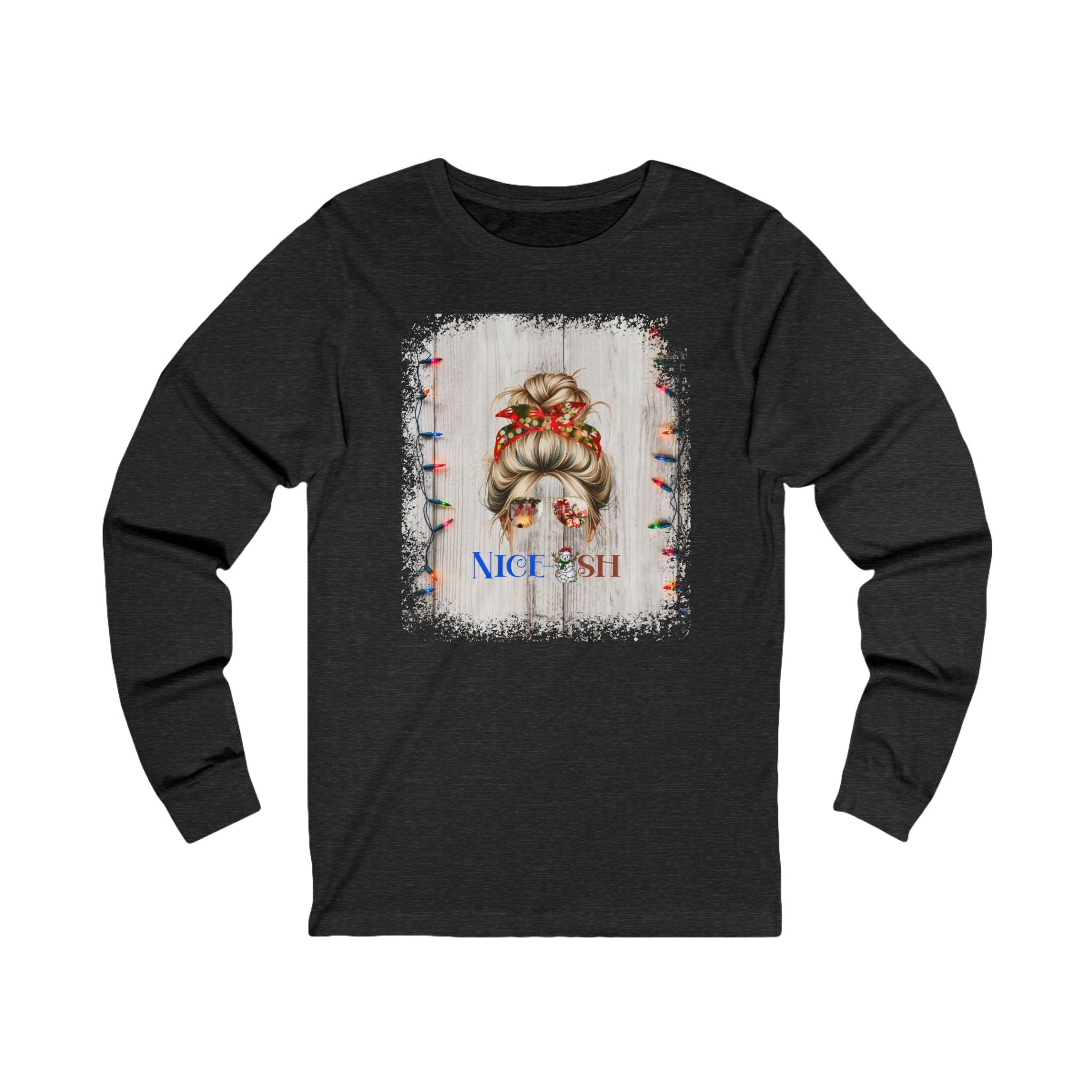 Nice-ish Christmas Lights String, Blond Hair Messy Bun, Unisex Jersey Long Sleeve Tee