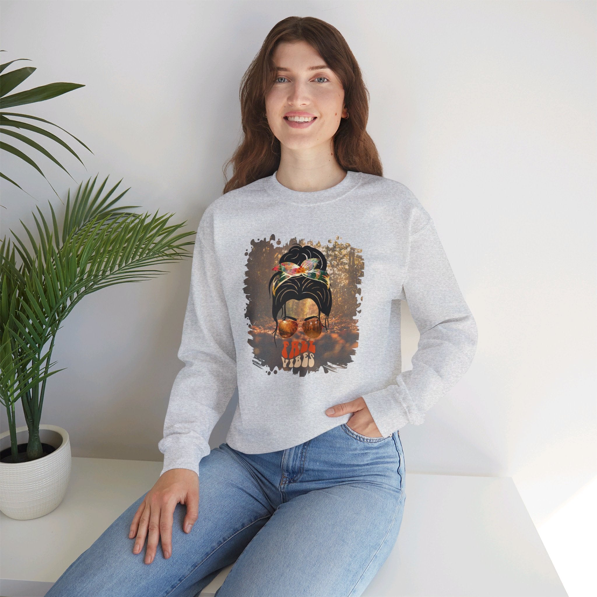 Fall Vibes Fall Forest, Dark Hair Messy Bun, Unisex Heavy Blend™ Crewneck Sweatshirt