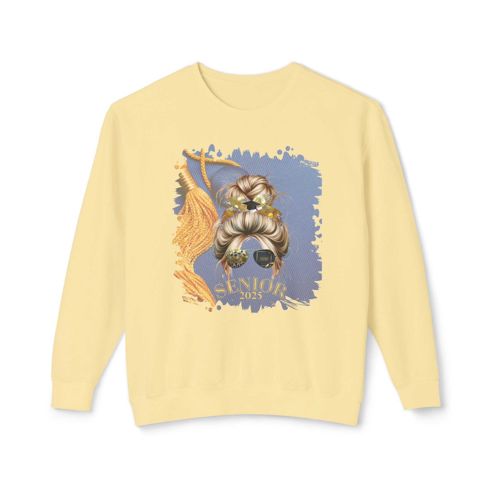 Senior 2025, Graduation Cap, Blond Hair Messy Bun, Unisex Lightweight Crewneck Sweatshirt