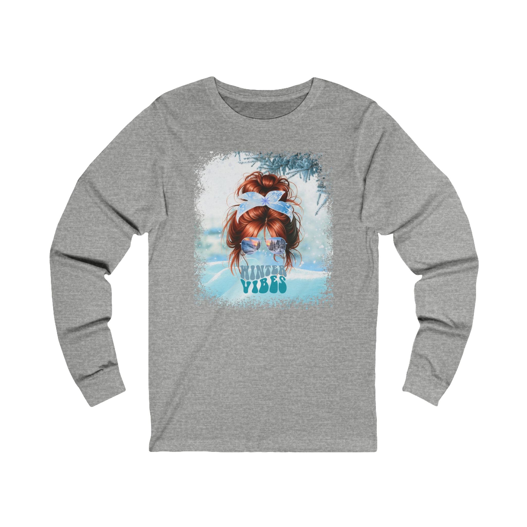 Winter Vibes Snow, Red Hair Messy Bun, Unisex Jersey Long Sleeve Tee