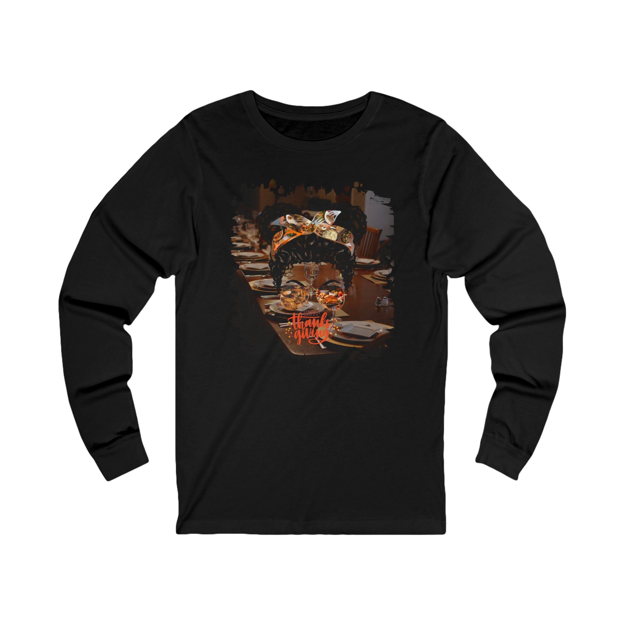 Happy Thanksgiving Table Setting, Black Hair Messy Bun, Unisex Jersey Long Sleeve Tee