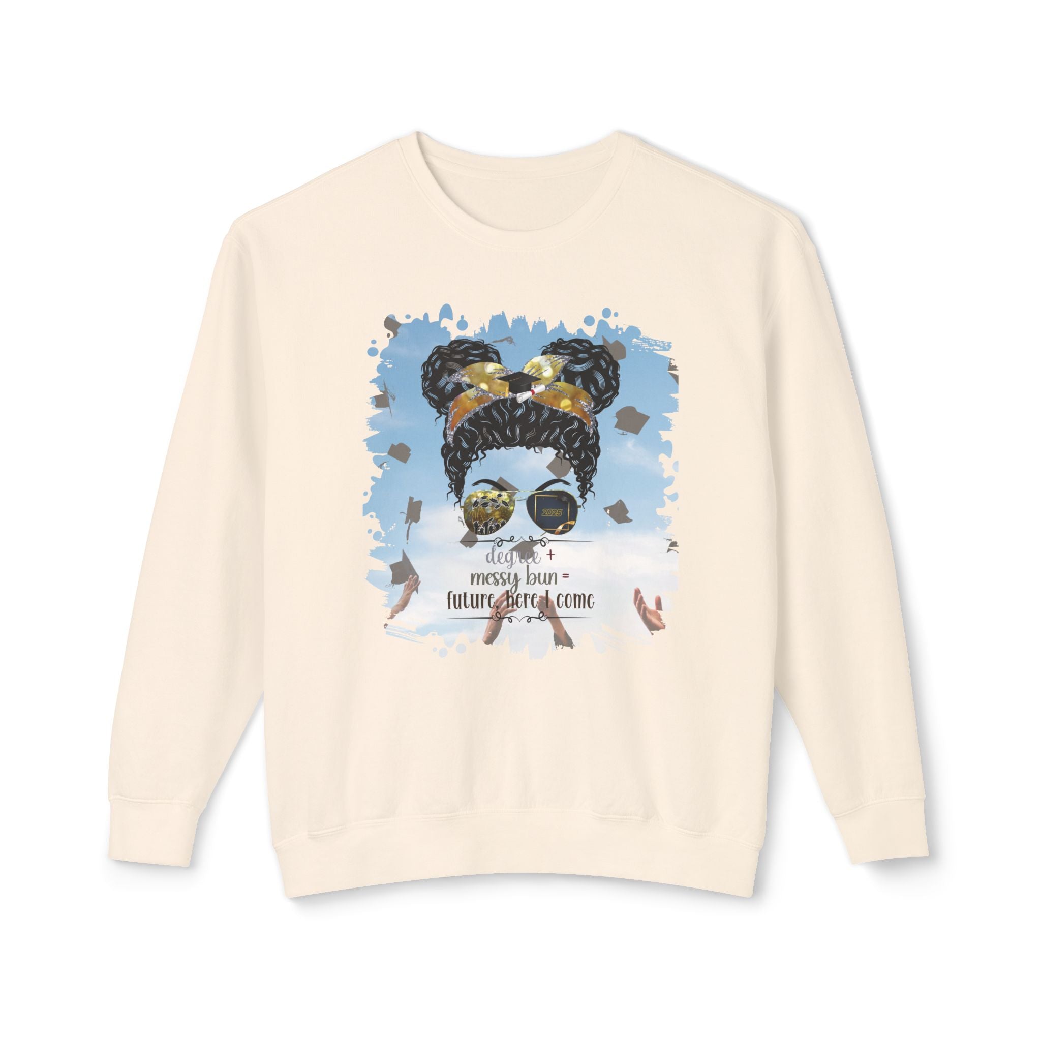 Degree + Messy Bun, Celebration, Black Hair Messy Bun, Unisex Lightweight Crewneck Sweatshirt