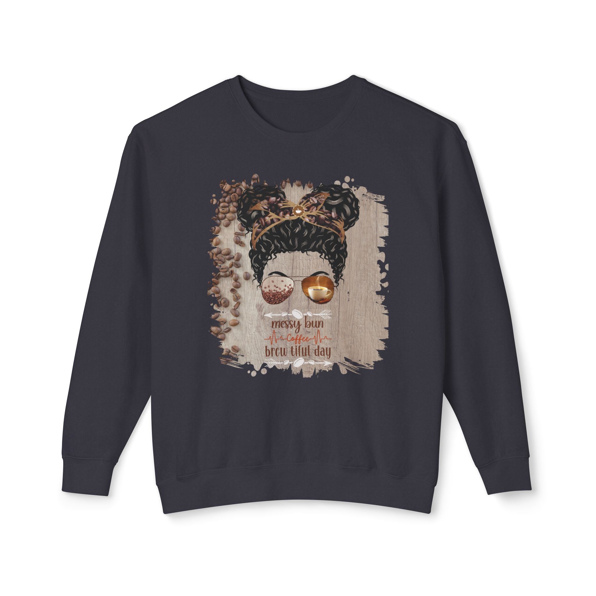 Coffee Heartbeat, Coffee Beans Table, Black Hair Messy Bun, Unisex Lightweight Crewneck Sweatshirt