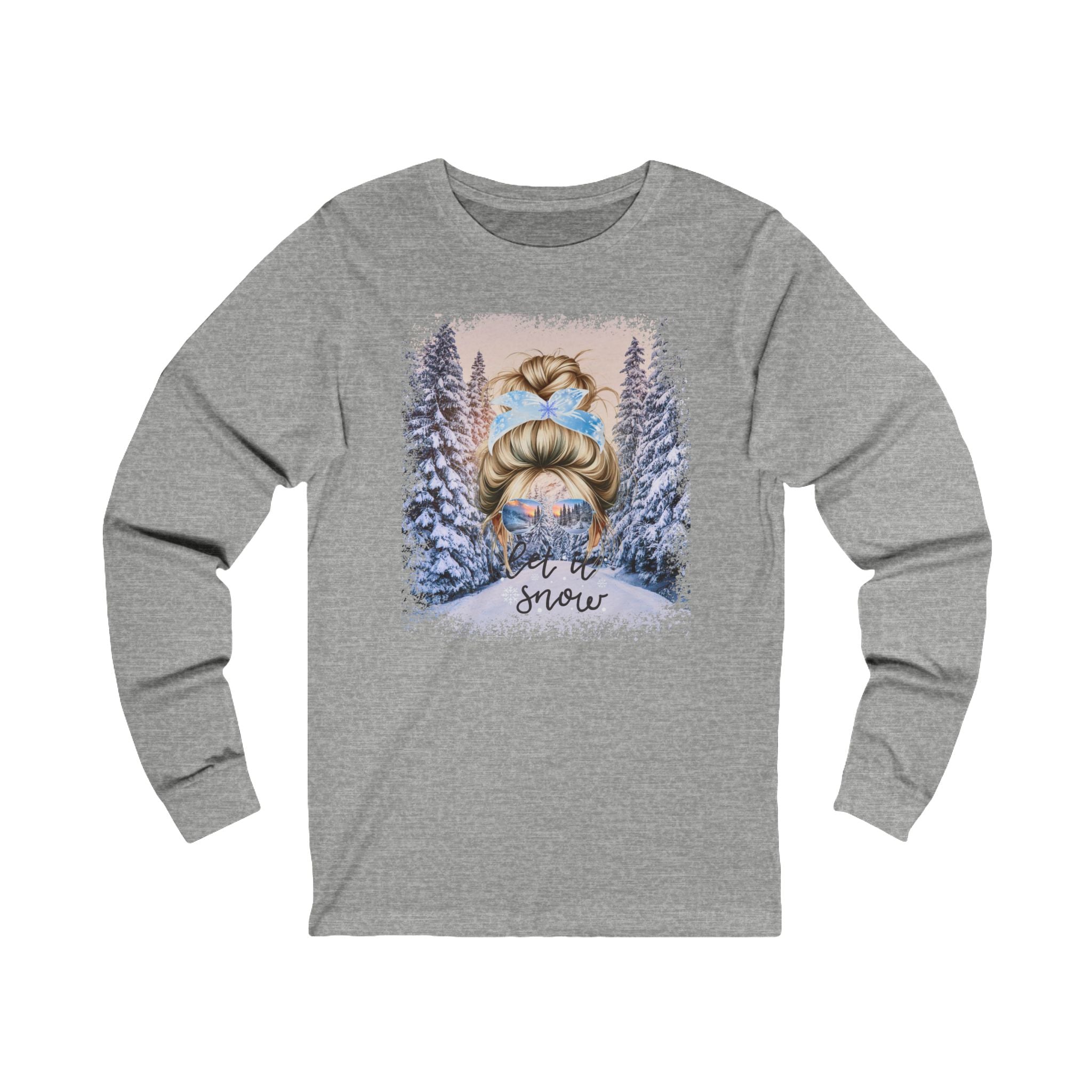 Let it Snow Winter Trail, Blond Hair Messy Bun, Unisex Jersey Long Sleeve Tee