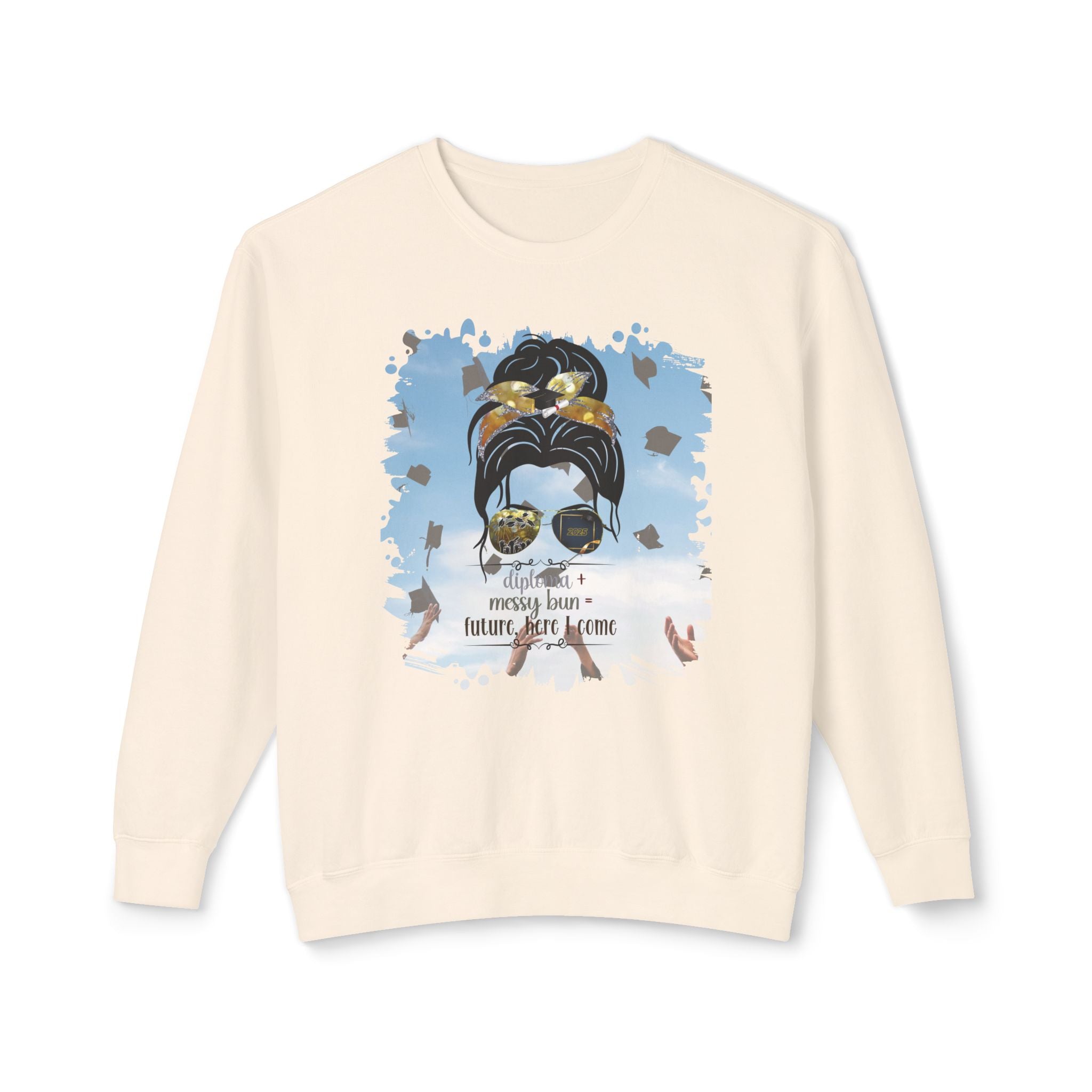 Diploma + Messy Bun, Celebration, Dark Hair Messy Bun, Unisex Lightweight Crewneck Sweatshirt
